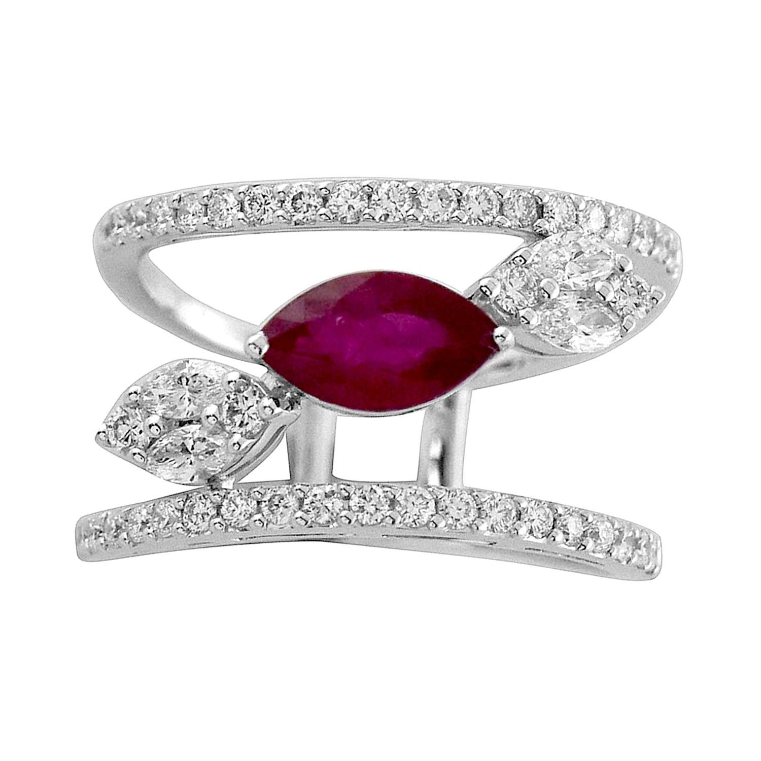 Mixed Cut 1.03 Ct Marquise Shaped Ruby Wide Ring With Diamonds Made In 18k White Gold For Sale