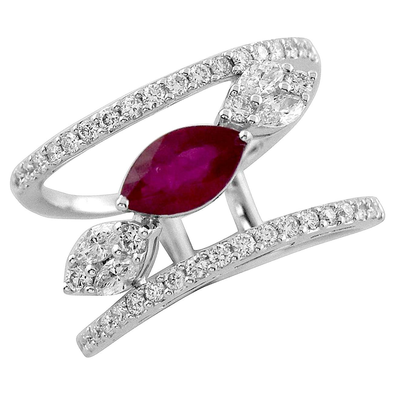 1.03 Ct Marquise Shaped Ruby Wide Ring With Diamonds Made In 18k White Gold For Sale