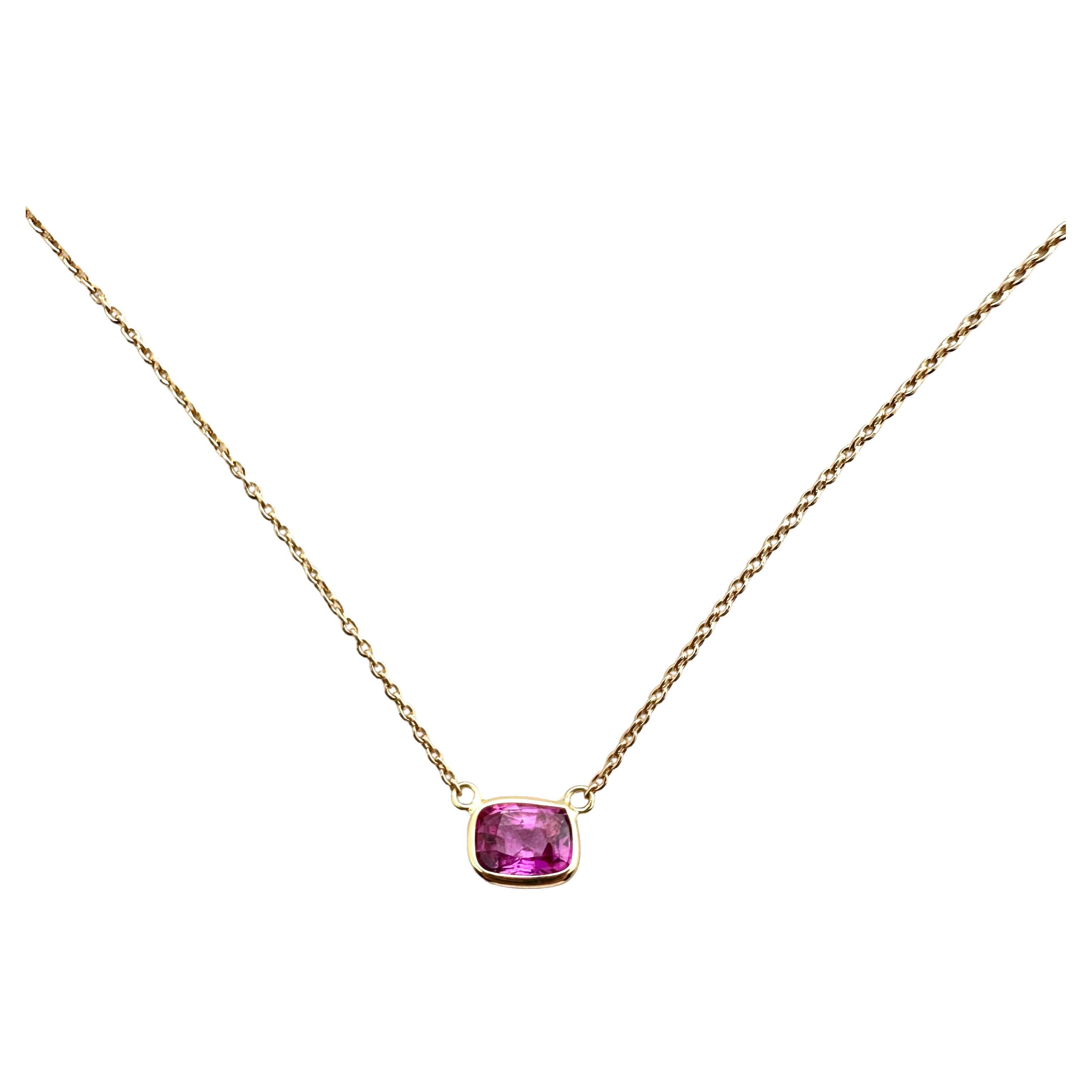 1.03ct Certified Pink Sapphire Cushion Cut Solitaire Necklace in 14k RG For Sale