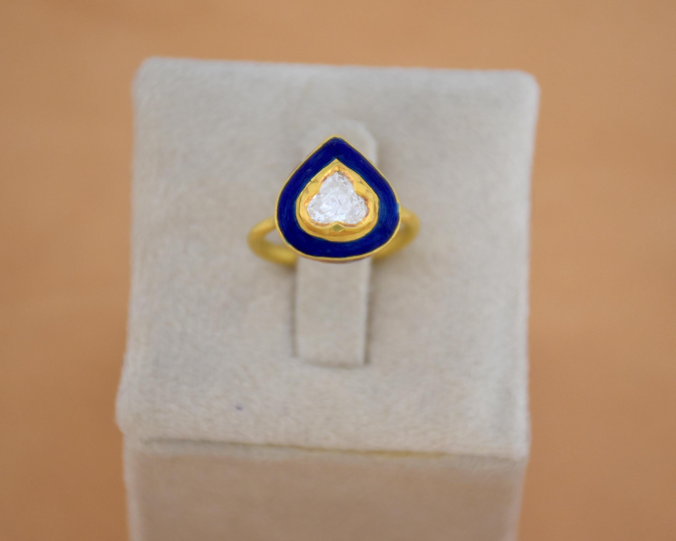 1.03 ct white loupe clean Rose cut diamond and Enamel ring in 22K gold For Sale 4