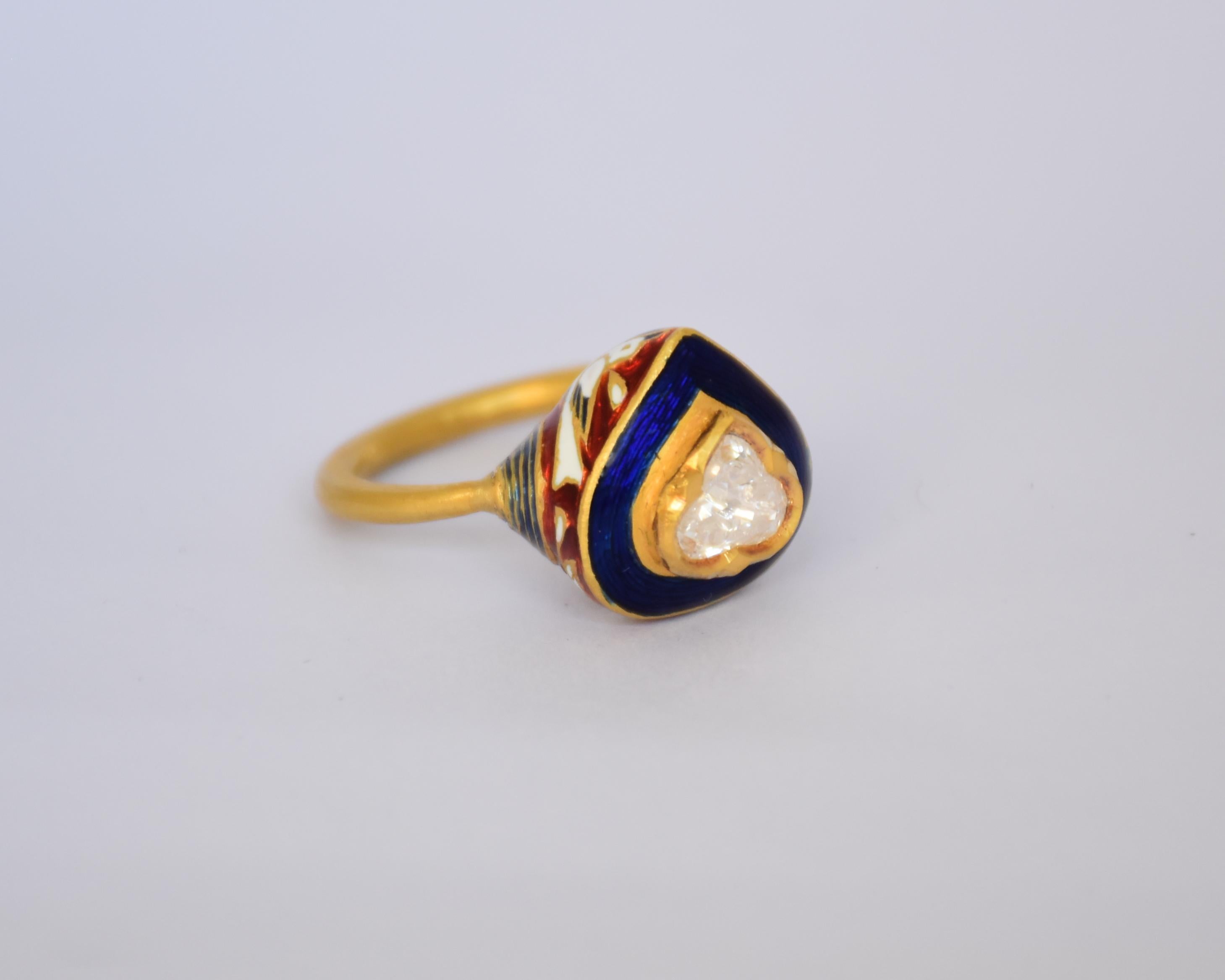 Rose Cut 1.03 ct white loupe clean Rose cut diamond and Enamel ring in 22K gold For Sale