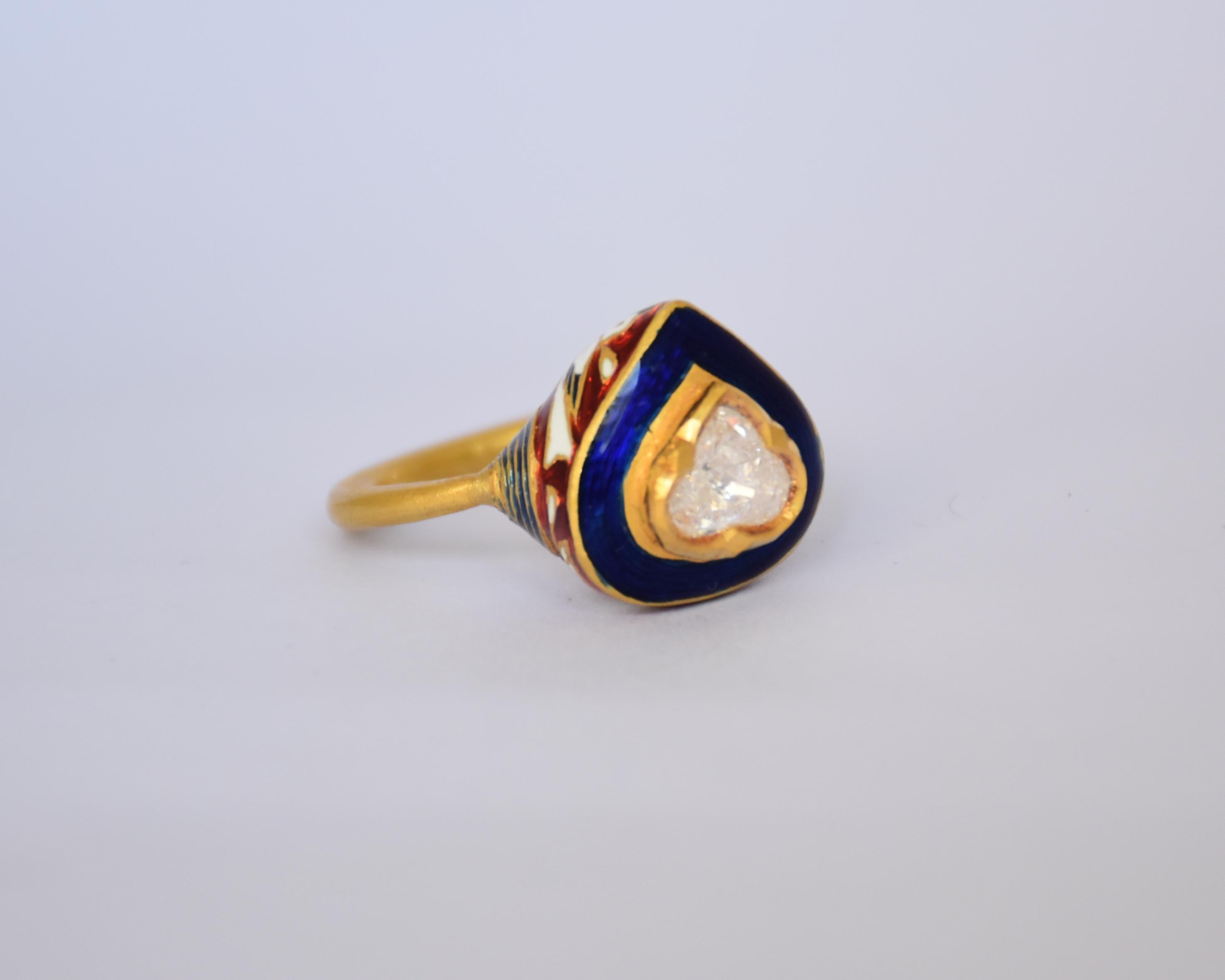 1.03 ct white loupe clean Rose cut diamond and Enamel ring in 22K gold In New Condition For Sale In Bangkok,, TH