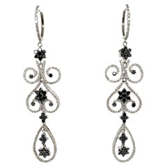 10.30 Carat Black Diamond White Diamond Chandelier White Gold Earrings
