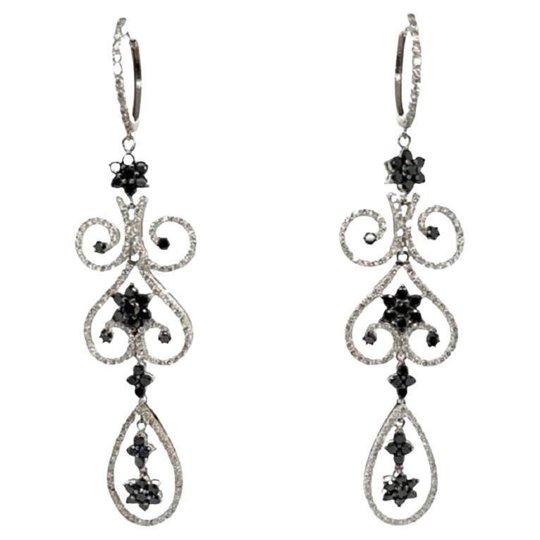 10.30 Carat Black Diamond White Diamond Chandelier White Gold Earrings For Sale