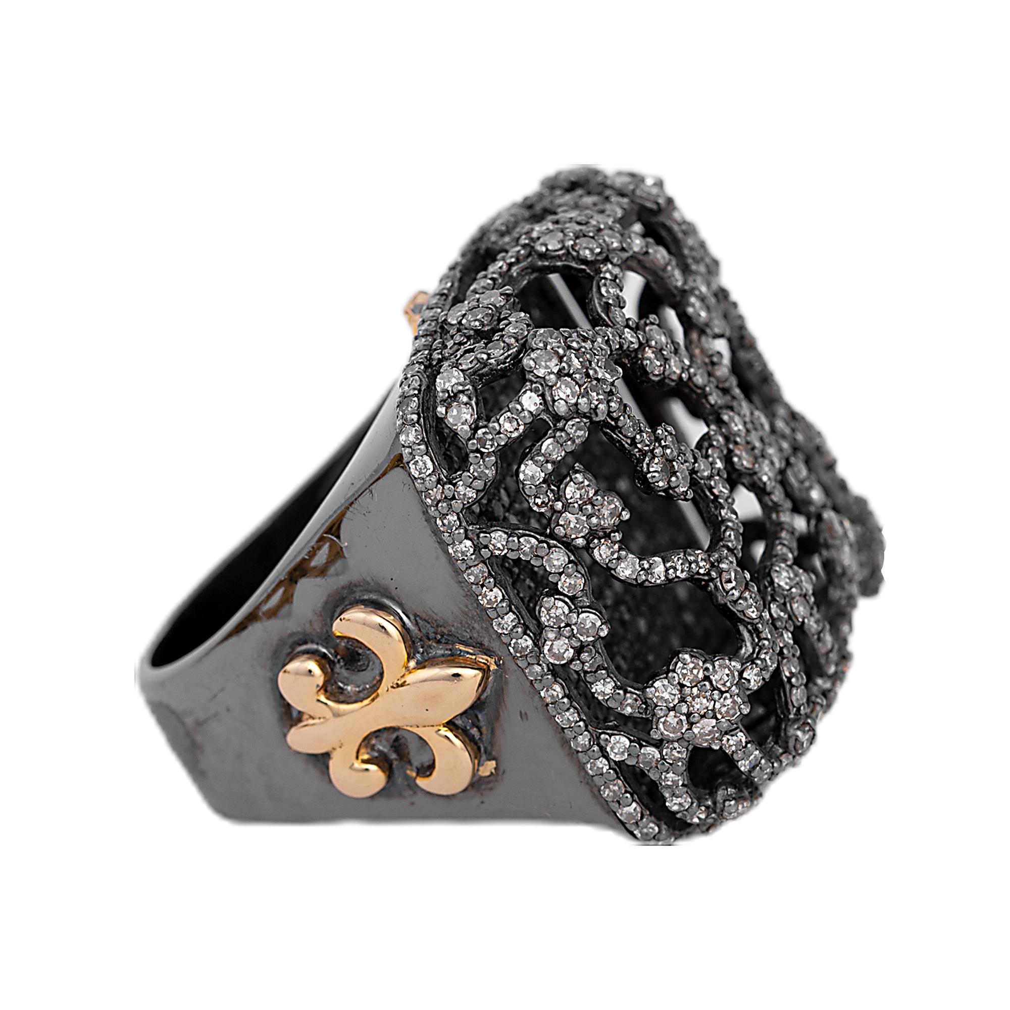 10.30 Carat Diamond Cocktail Ring in Victorian Style

This Victorian period art-deco style fabulous black and white diamond ring is exceptional. The transformational design with the pave set round black diamonds forming the ring’s base covering it