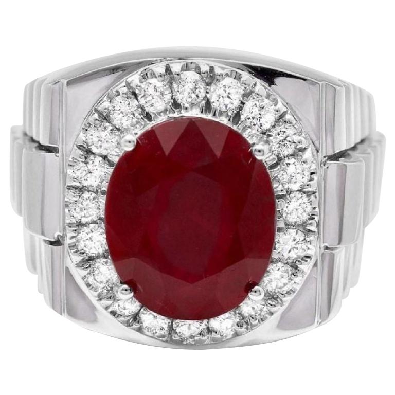 Bague pour homme en or blanc massif 14 carats avec diamants naturels de 10,30 carats et rubis