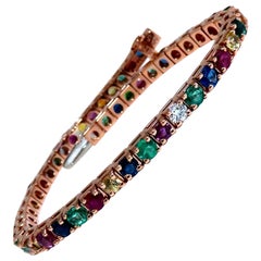 Bracelet en or 14 carats avec diamants, émeraudes, saphirs, rubis et spinelles, ligne de pierres précieuses naturelles de 10,30 carats