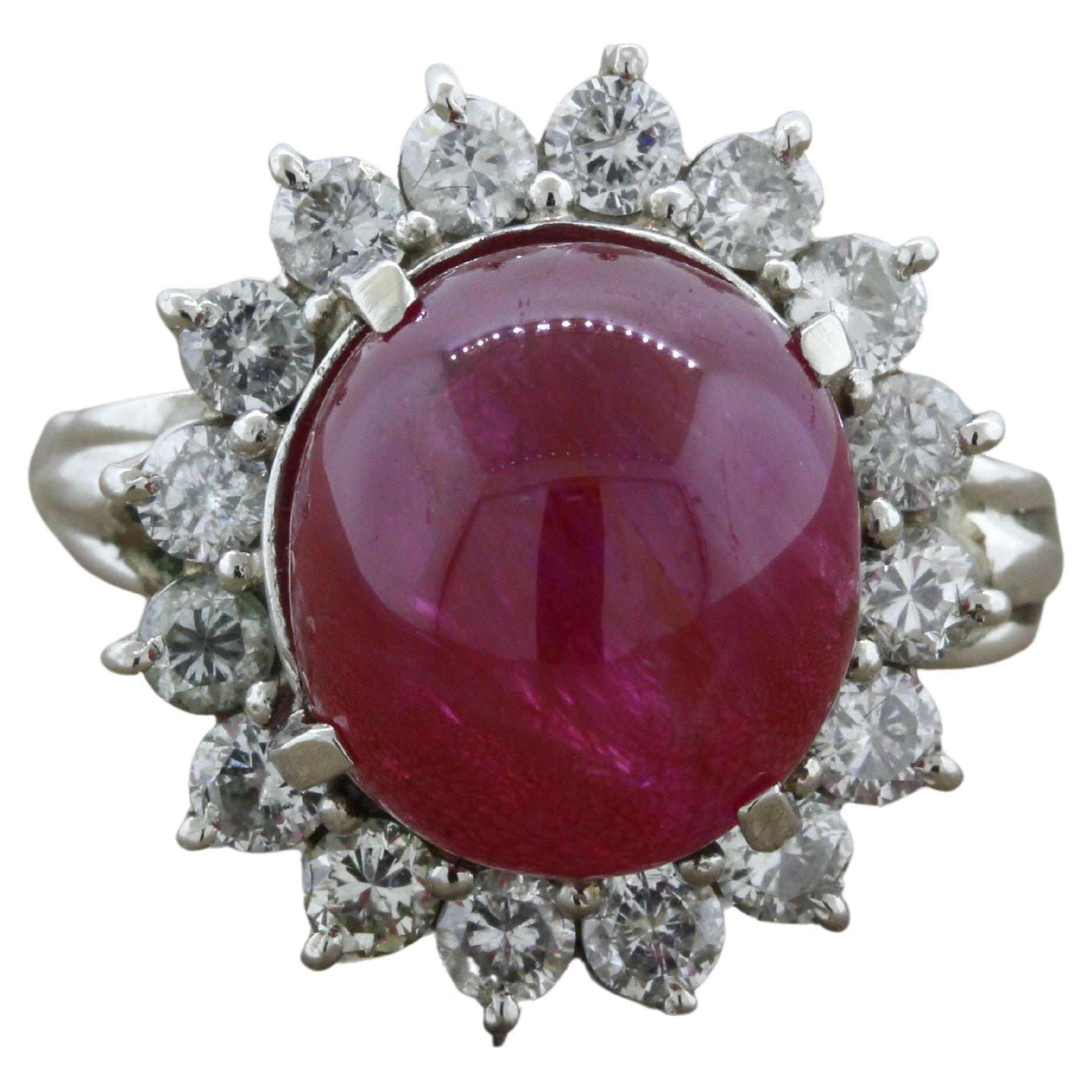 10.30 Carat No-Heat Ruby Cabochon Diamond Platinum Ring, GIA Certified For Sale