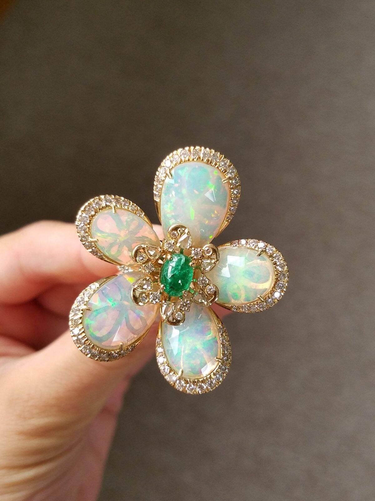 Art Deco 10.30 Carat Opal, Emerald and Diamond Cocktail Ring