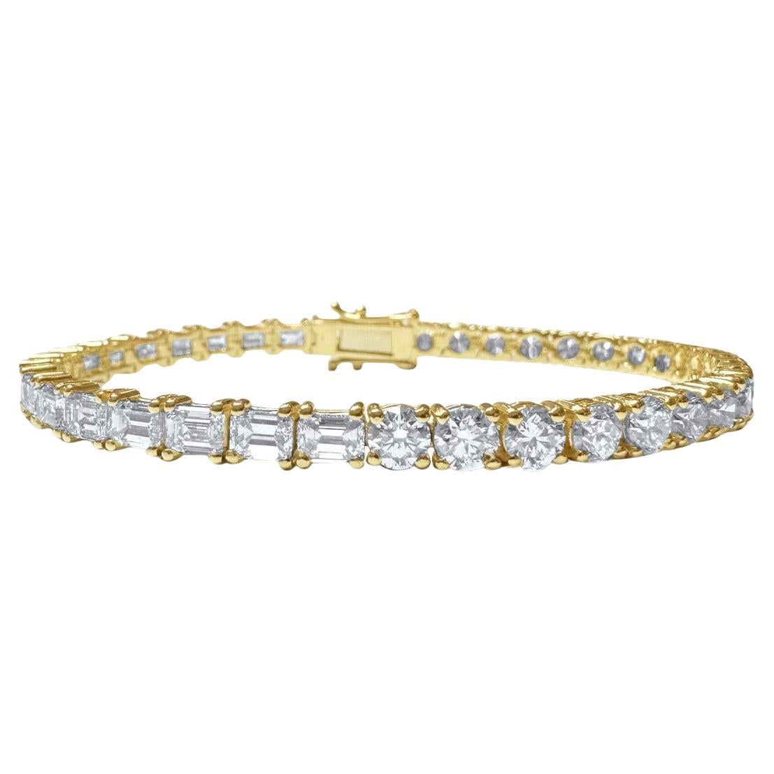10.30 Carat Round and Emerald Cut Diamond Tennis Bracelet in 14K Yellow Gold For Sale