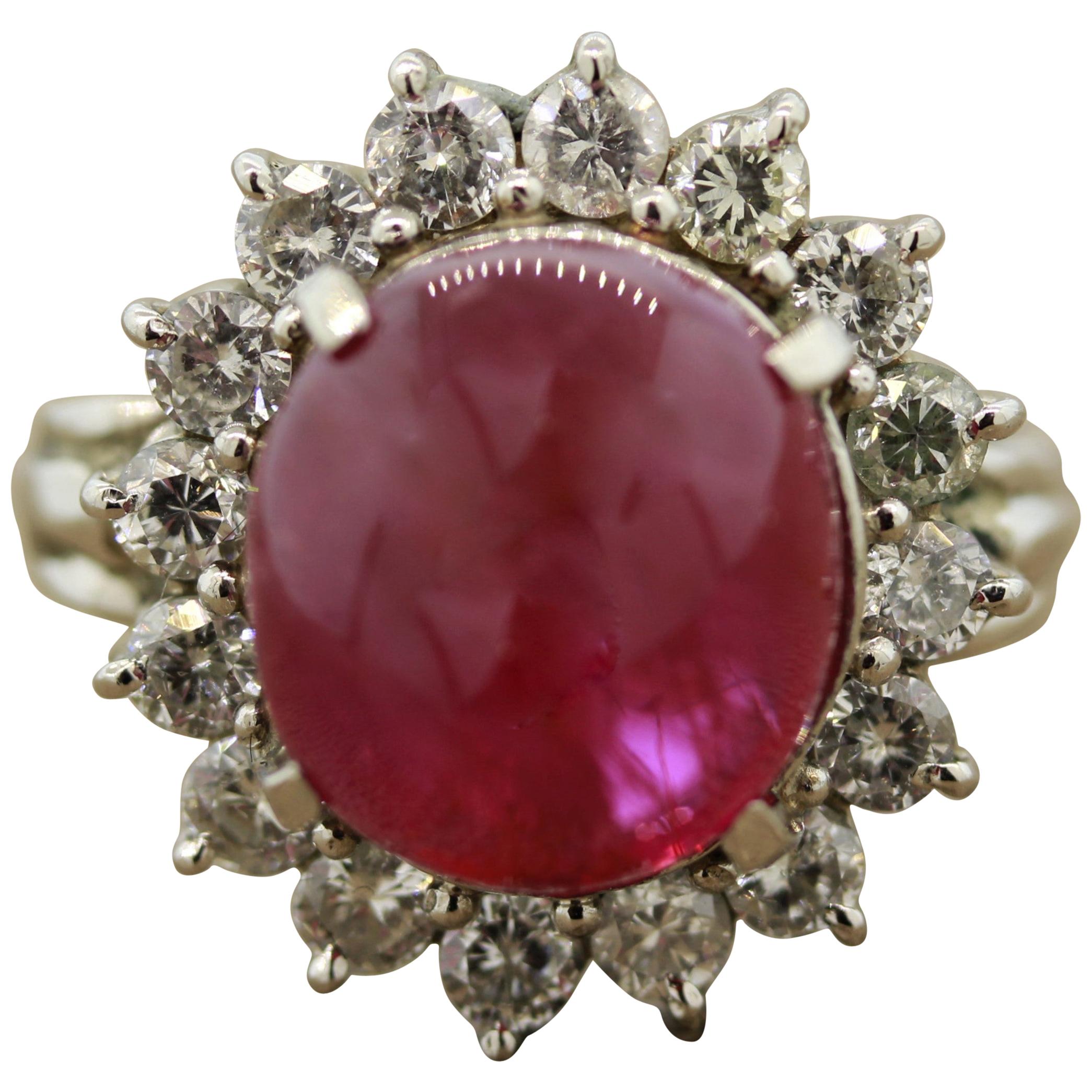 10.30 Carat Ruby Cabochon Diamond Platinum Ring, GIA Certified No-Heat For Sale