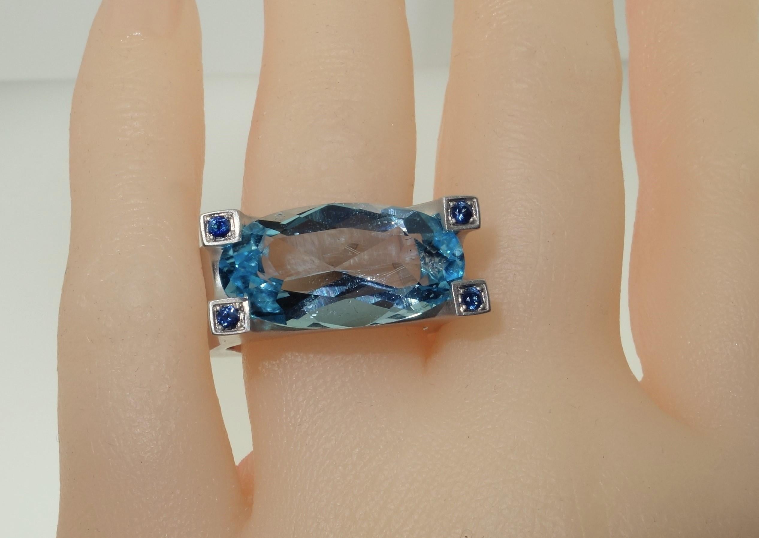 Contemporary 10.30 Carat Sky Blue Topaz and Sapphire Statement Ring Estate Fine Jewelry