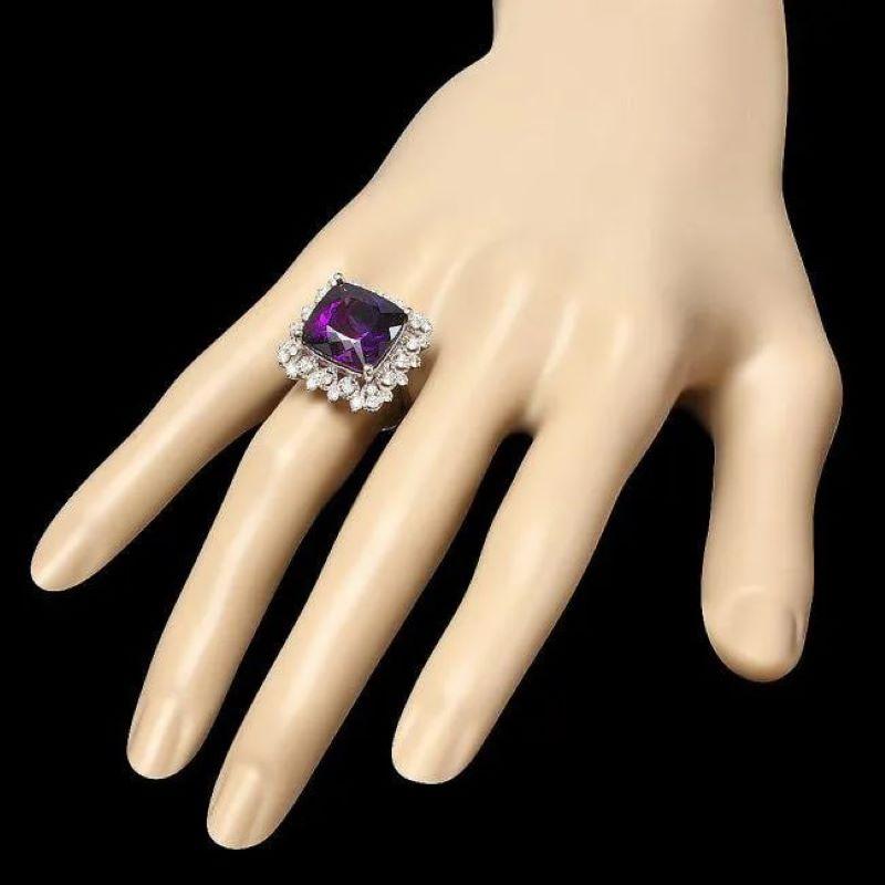 Mixed Cut 10.30 Carats Natural Amethyst and Diamond 14K Solid White Gold Ring For Sale