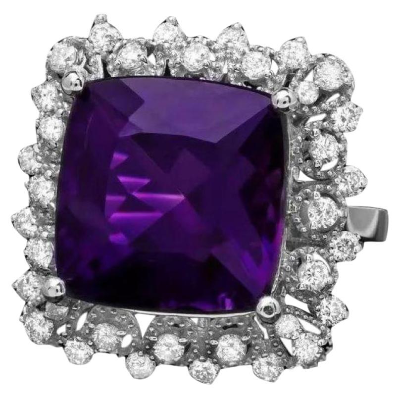 10.30 Carats Natural Amethyst and Diamond 14K Solid White Gold Ring For Sale