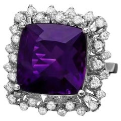 10.30 Carats Natural Amethyst and Diamond 14K Solid White Gold Ring