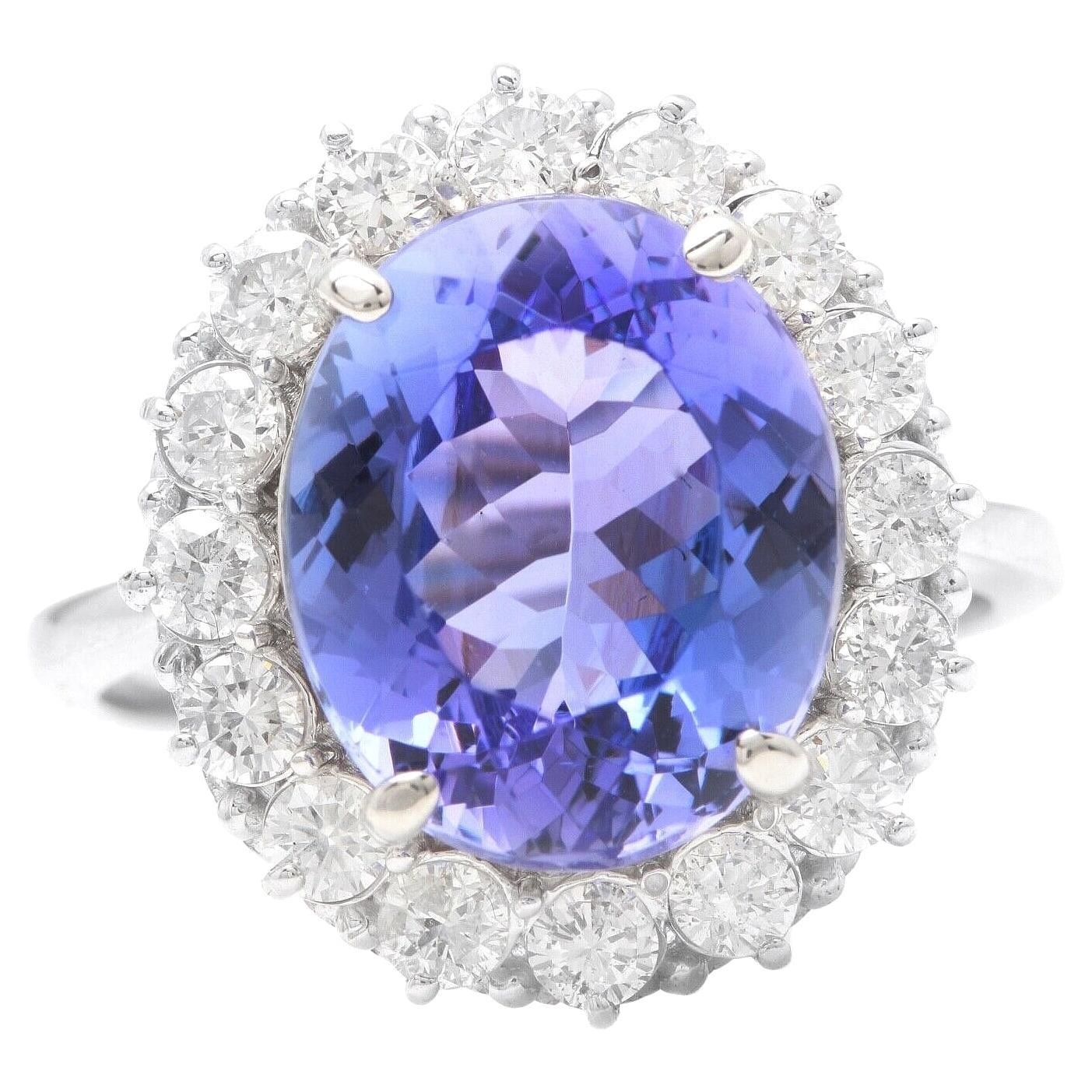 10.30 Carats Natural Tanzanite and Diamond 14K Solid White Gold Ring For Sale