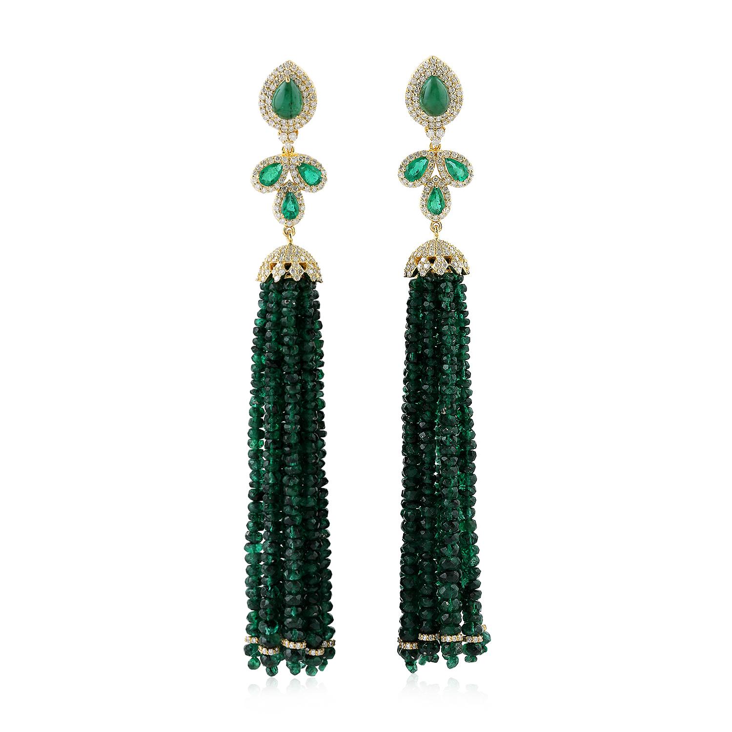 Bead 103.05 Carat Emerald Diamond 18 Karat Gold Tassel Earrings For Sale
