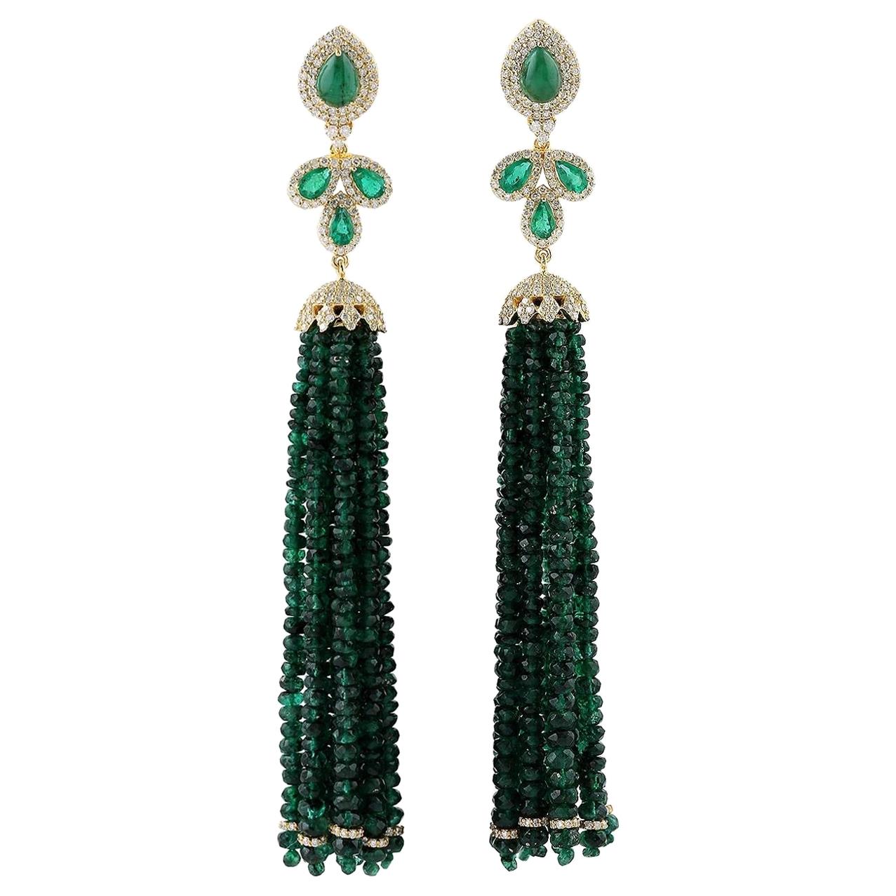 103.05 Carat Emerald Diamond 18 Karat Gold Tassel Earrings For Sale