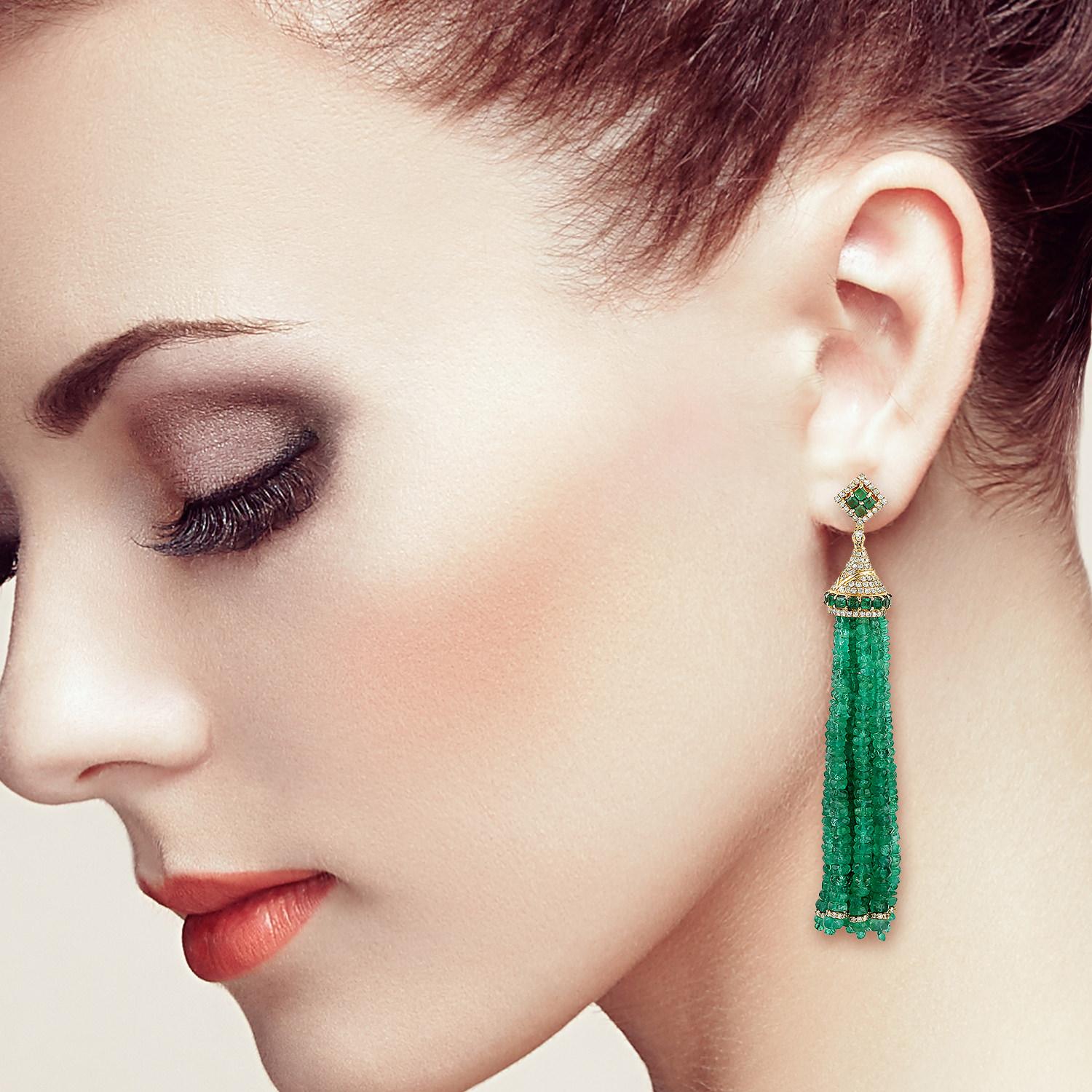 These tassel earrings are cast in 18K yellow gold.  It is hand set with 103.09 carats emerald and 2.33 carats of glittering diamonds.

FOLLOW  MEGHNA JEWELS storefront to view the latest collection & exclusive pieces.  Meghna Jewels is proudly rated