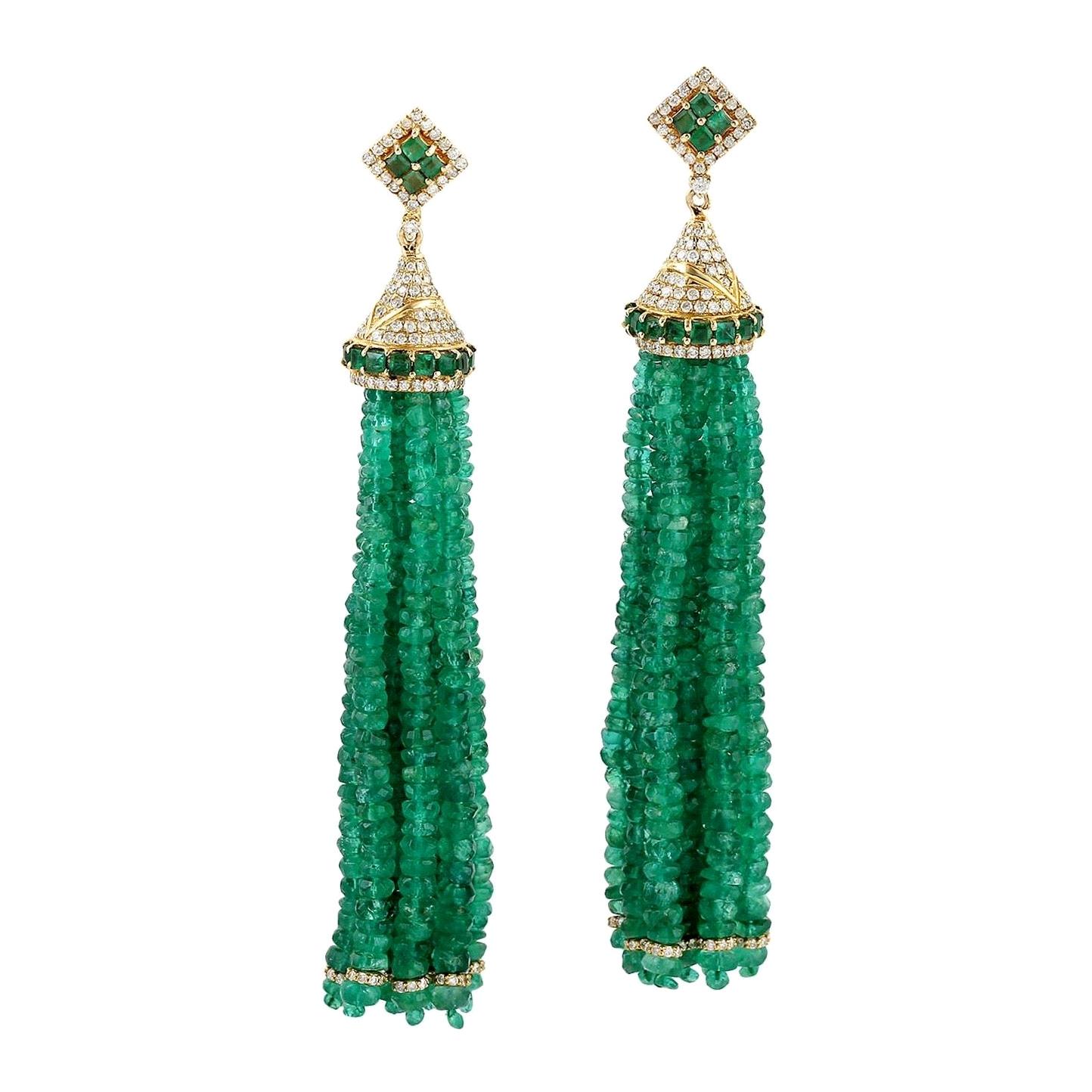 103.09 Carat Emerald Diamond 18 Karat Gold Tassel Earrings For Sale