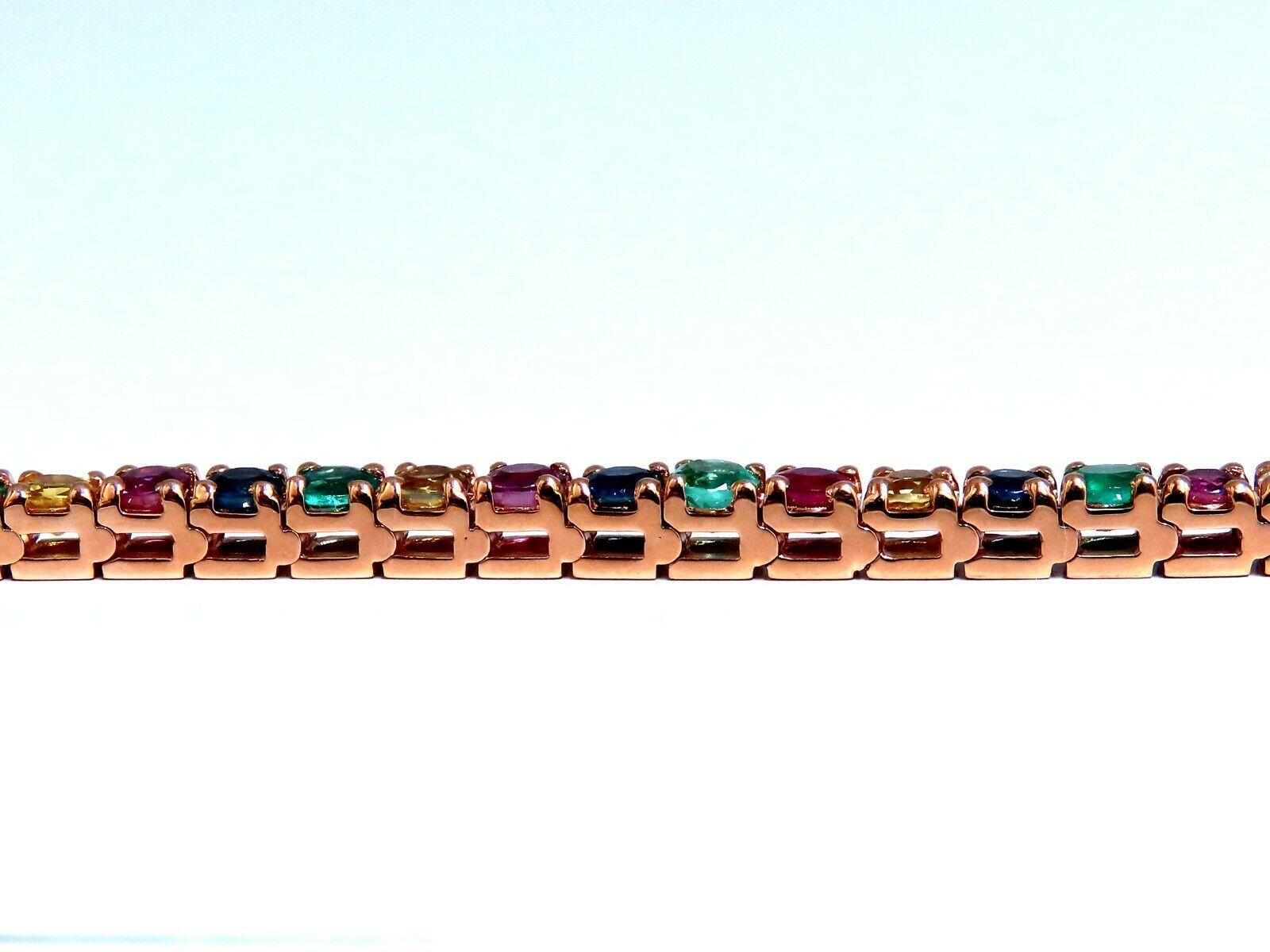 Gem Line.

10.30ct. Natural Orange/Blue/Yellow/Green Sapphires, 

 Emeralds, Ruby, & Diamonds bracelet.

Full round cuts, great sparkle.

Clean Clarity & Transparent.

4 Round Diamonds - G Color Vs-2 clarity

1 Green Tsavorite

Secure pressure clasp