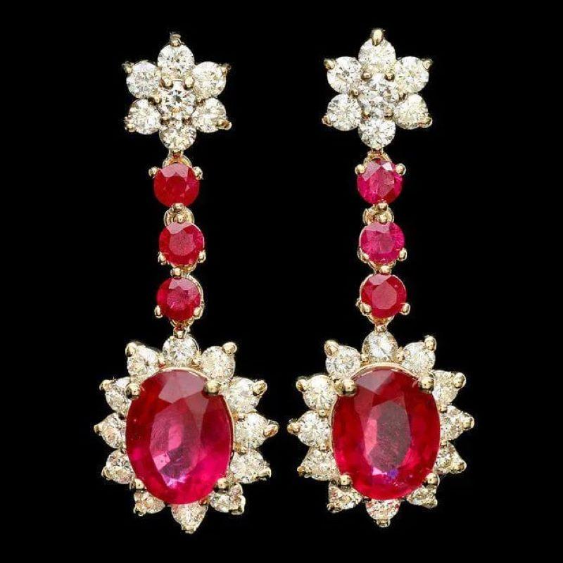 Mixed Cut 10.30Ct Natural Ruby and Diamond 14K Solid Yellow Gold Earrings For Sale