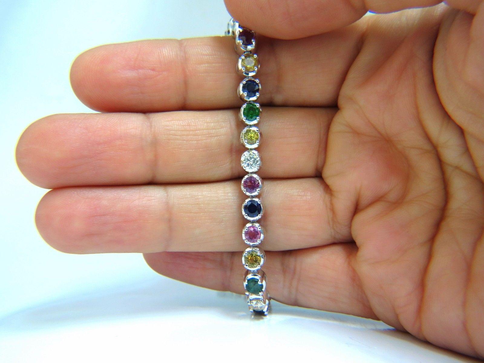 10.30ct natural ruby emerald sapphires diamond tennis bracelet 14kt gem line In New Condition For Sale In New York, NY