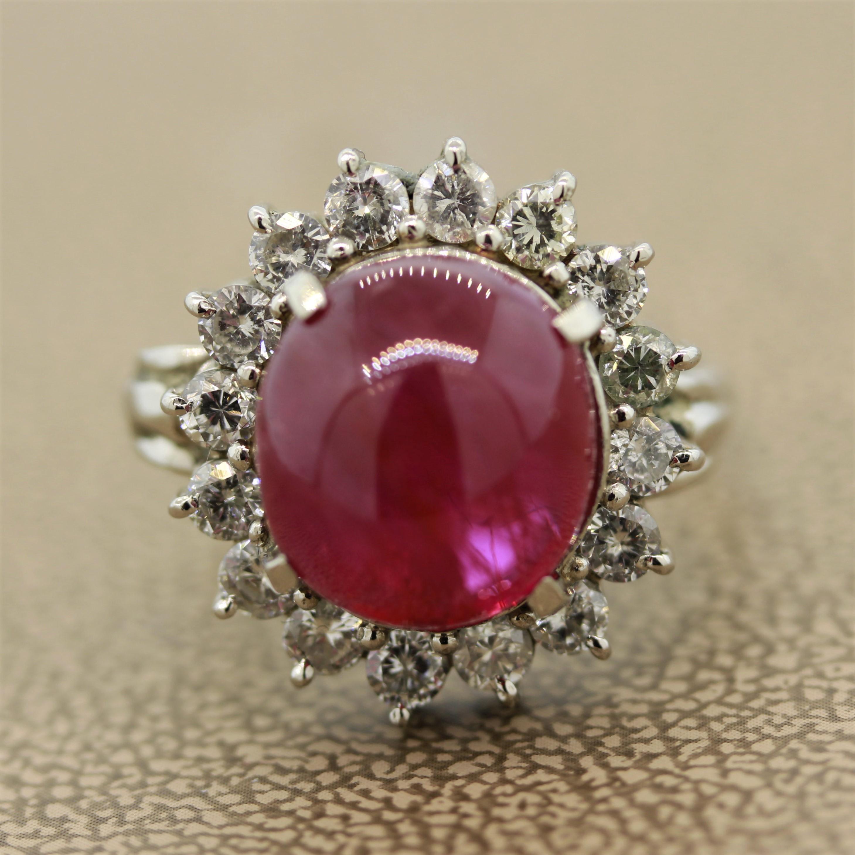 A stunning piece featuring a large 10.30 carat cabochon ruby which as been certified by the GIA. Rubies of this size are rare, especially ones that are free of any treatment such as this fine piece. It has a deep vivid red color and glows under the