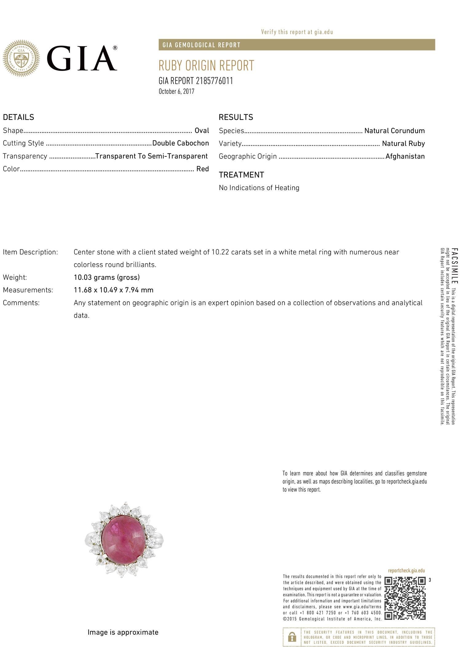 10.30 Carat Ruby Cabochon Diamond Platinum Ring, GIA Certified No-Heat For Sale 2
