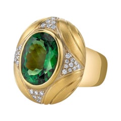 10.31 Carat Green Tourmaline and Diamond Yellow Gold Engraved Dome Ring