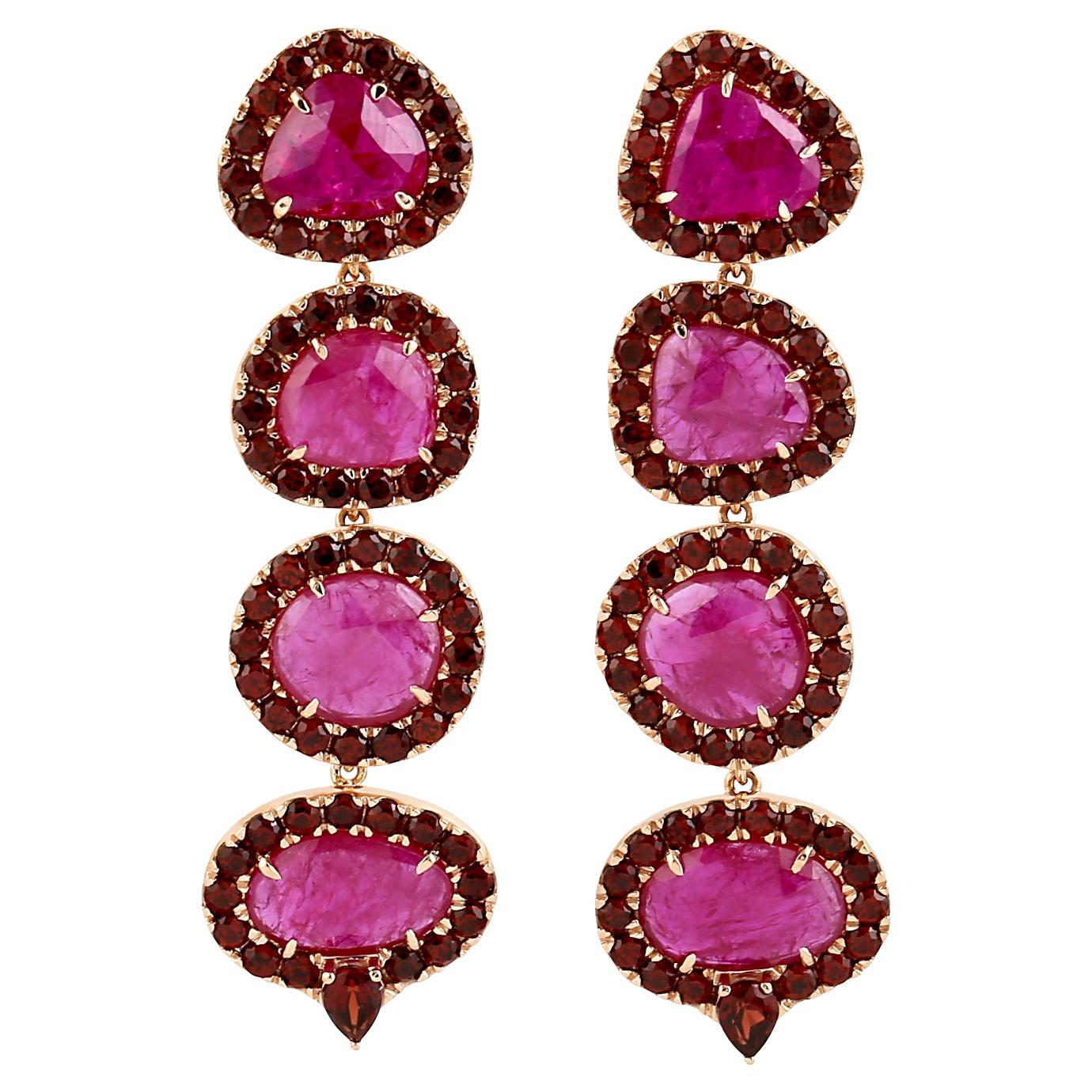 10.31 ct Ruby Dangle Earrings With Garnet Made In 18k Yellow Gold For Sale
