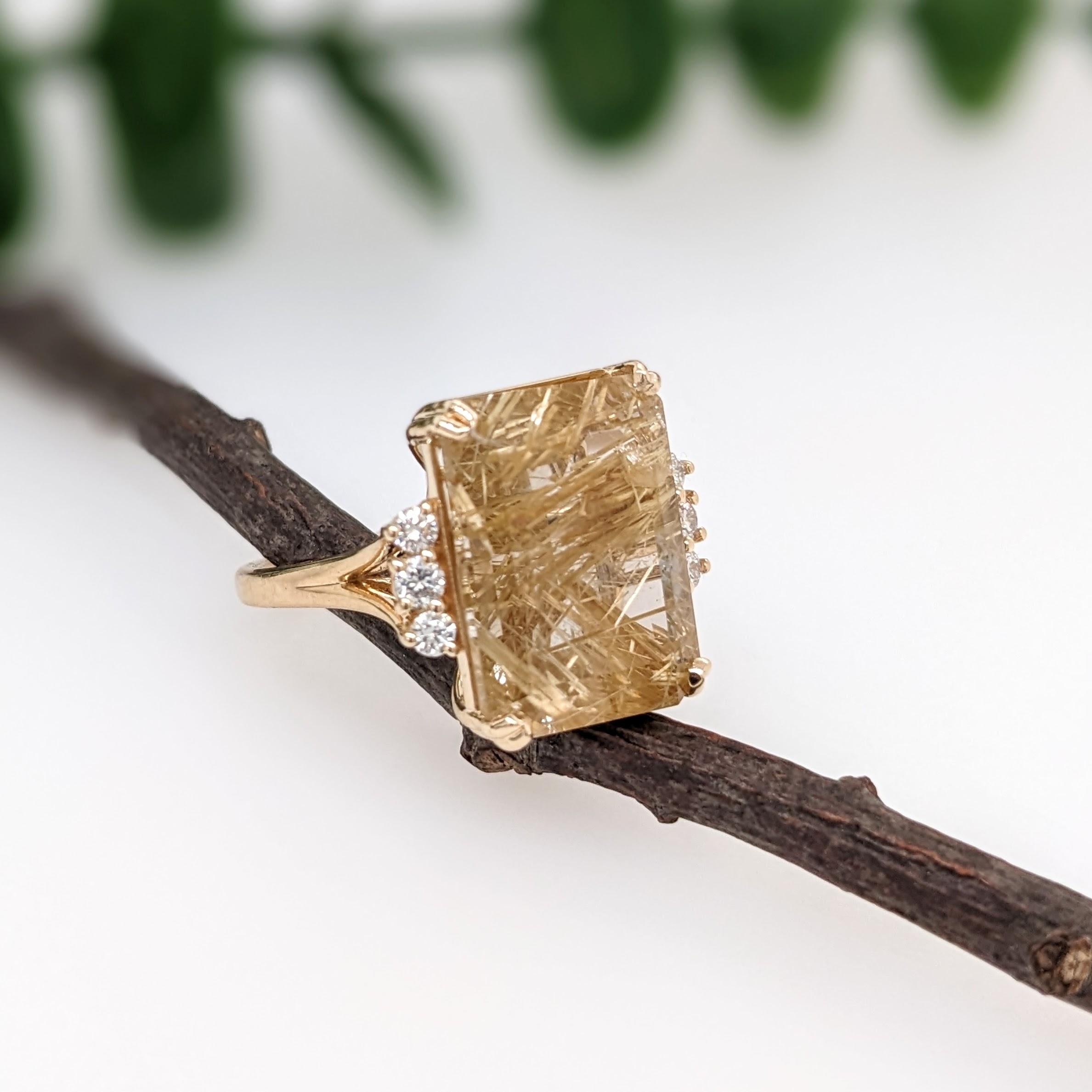 10.31ct Golden Rutile Quartz w Diamond Accents in 14K Gold Emerald Cut 16x12mm 1