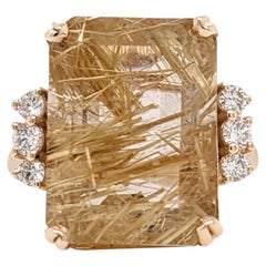 10,31 Karat goldener Rutile-Quarz mit Diamant-Akzenten in 14K Gold im Smaragdschliff 16x12mm