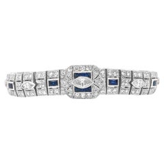 10.32 Carat Natural Mined Diamond Blue Sapphire Art Deco style Platinum Bracelet