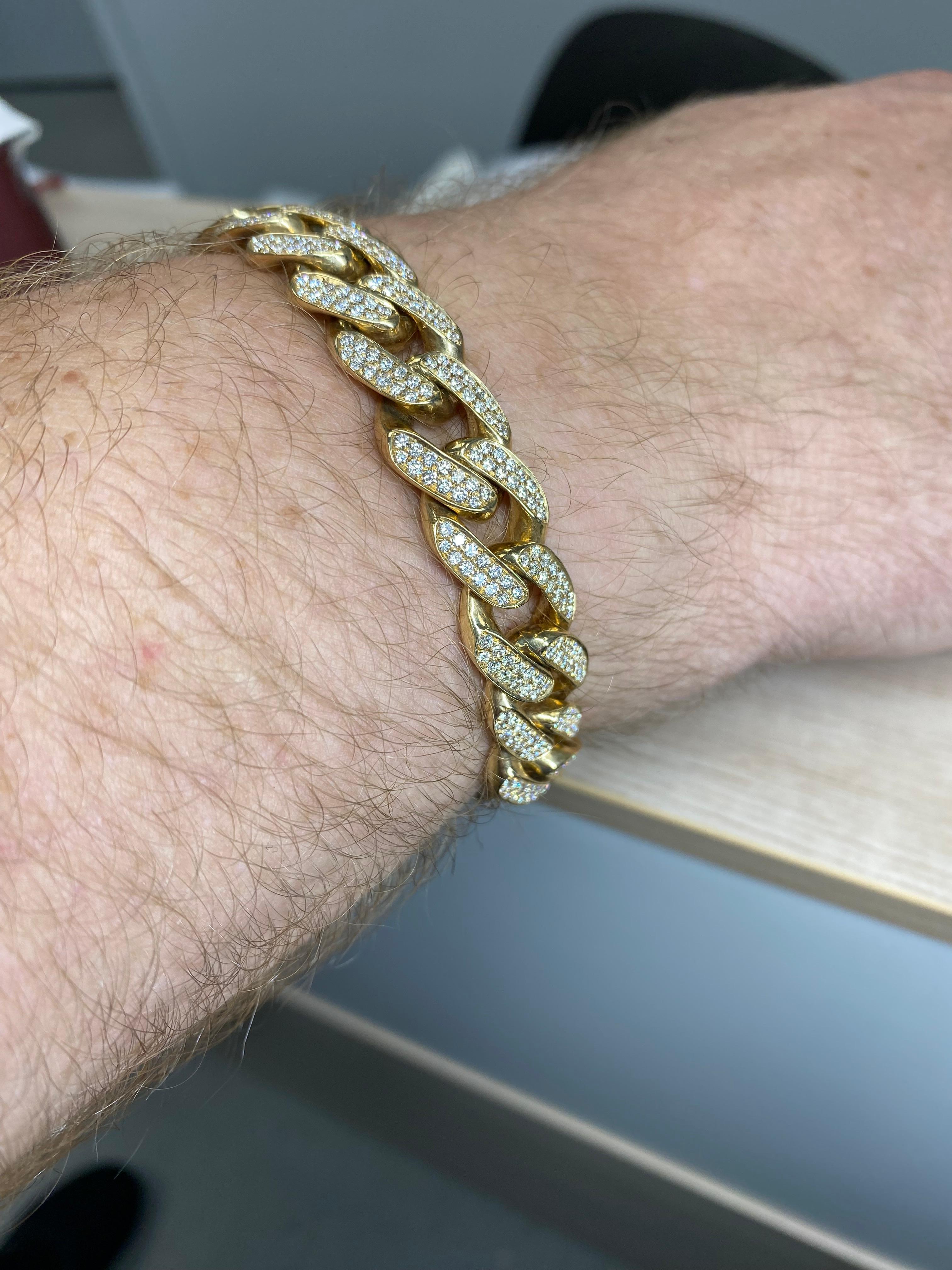 10.32 Carats Cuban Link Diamond Bracelet pour homme en or jaune 14k 89.3 grammes en vente 8