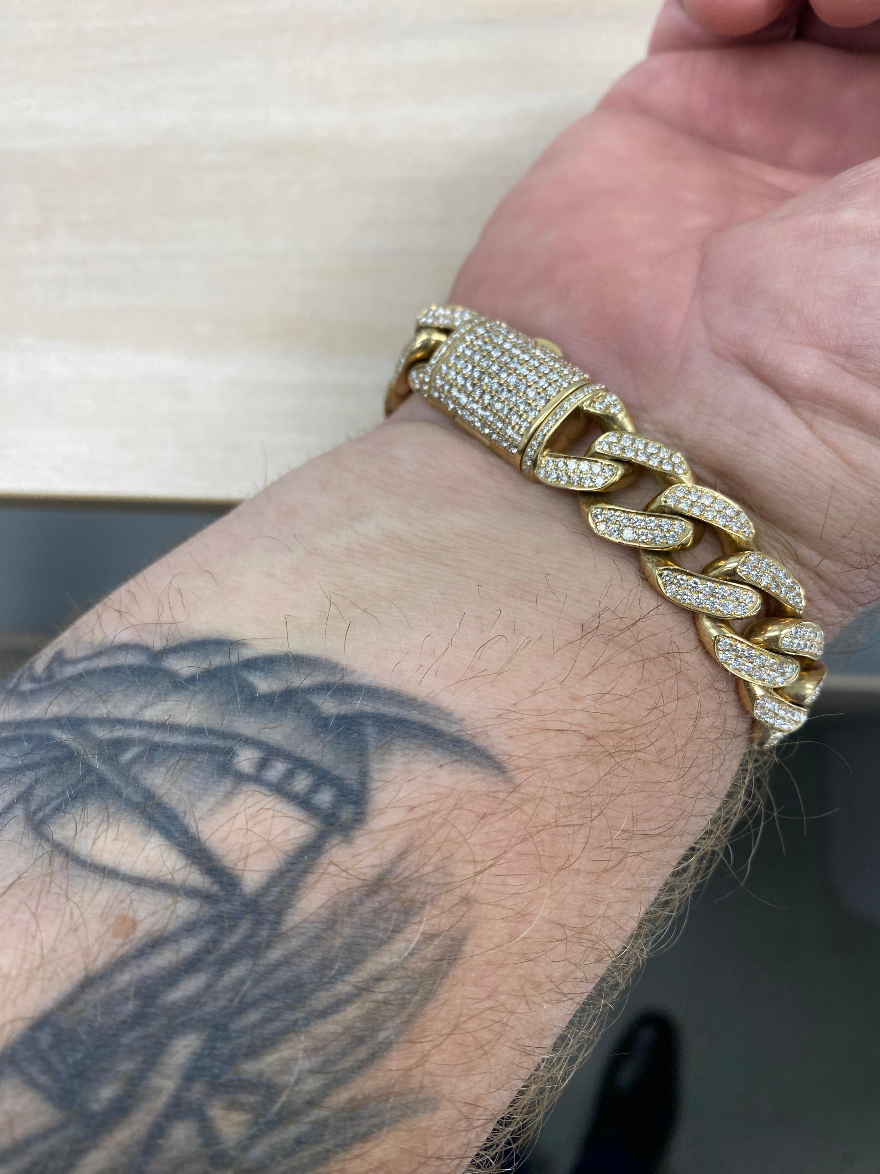 10.32 Carats Cuban Link Diamond Bracelet pour homme en or jaune 14k 89.3 grammes en vente 9