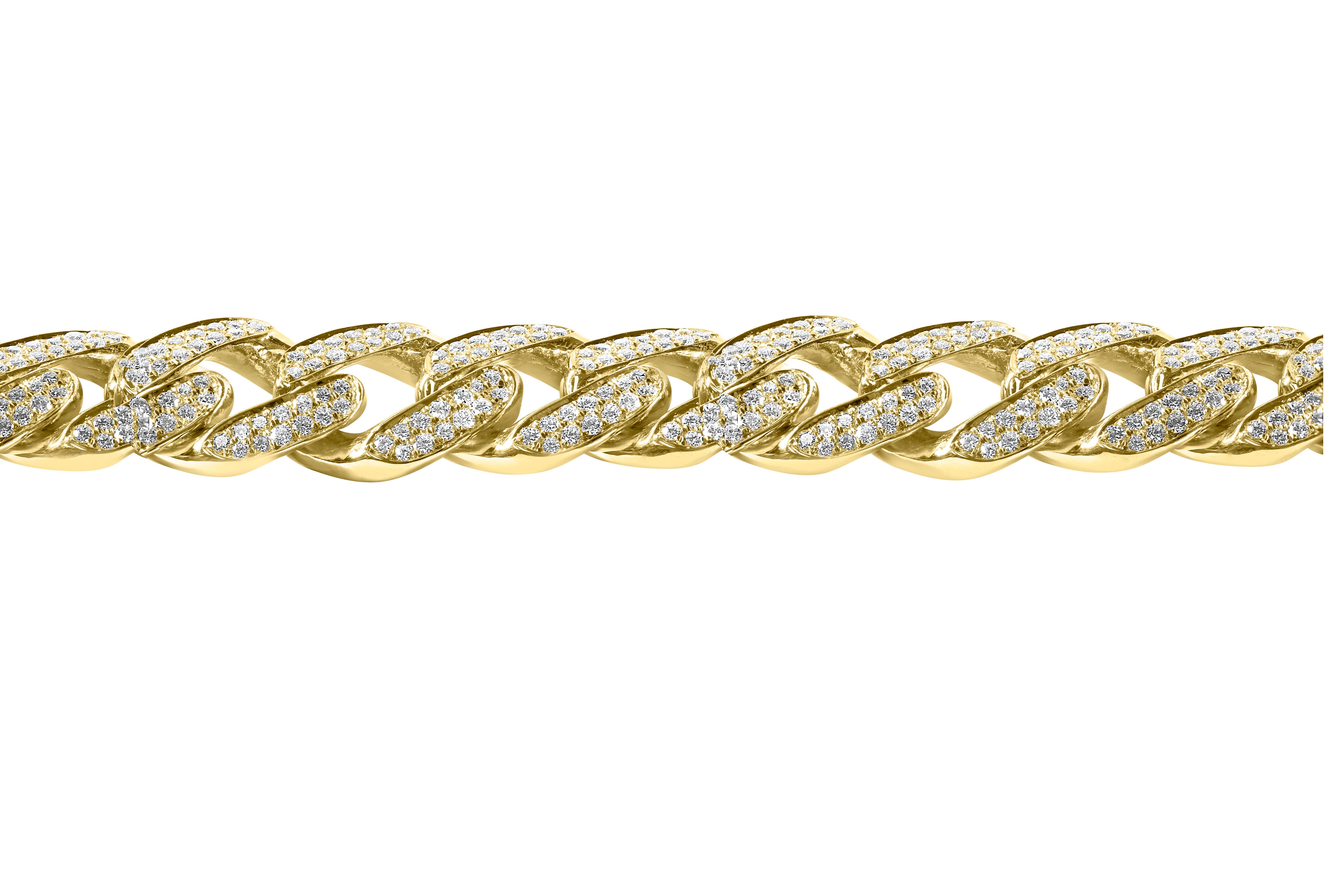 Taille ronde 10.32 Carats Cuban Link Diamond Bracelet pour homme en or jaune 14k 89.3 grammes en vente