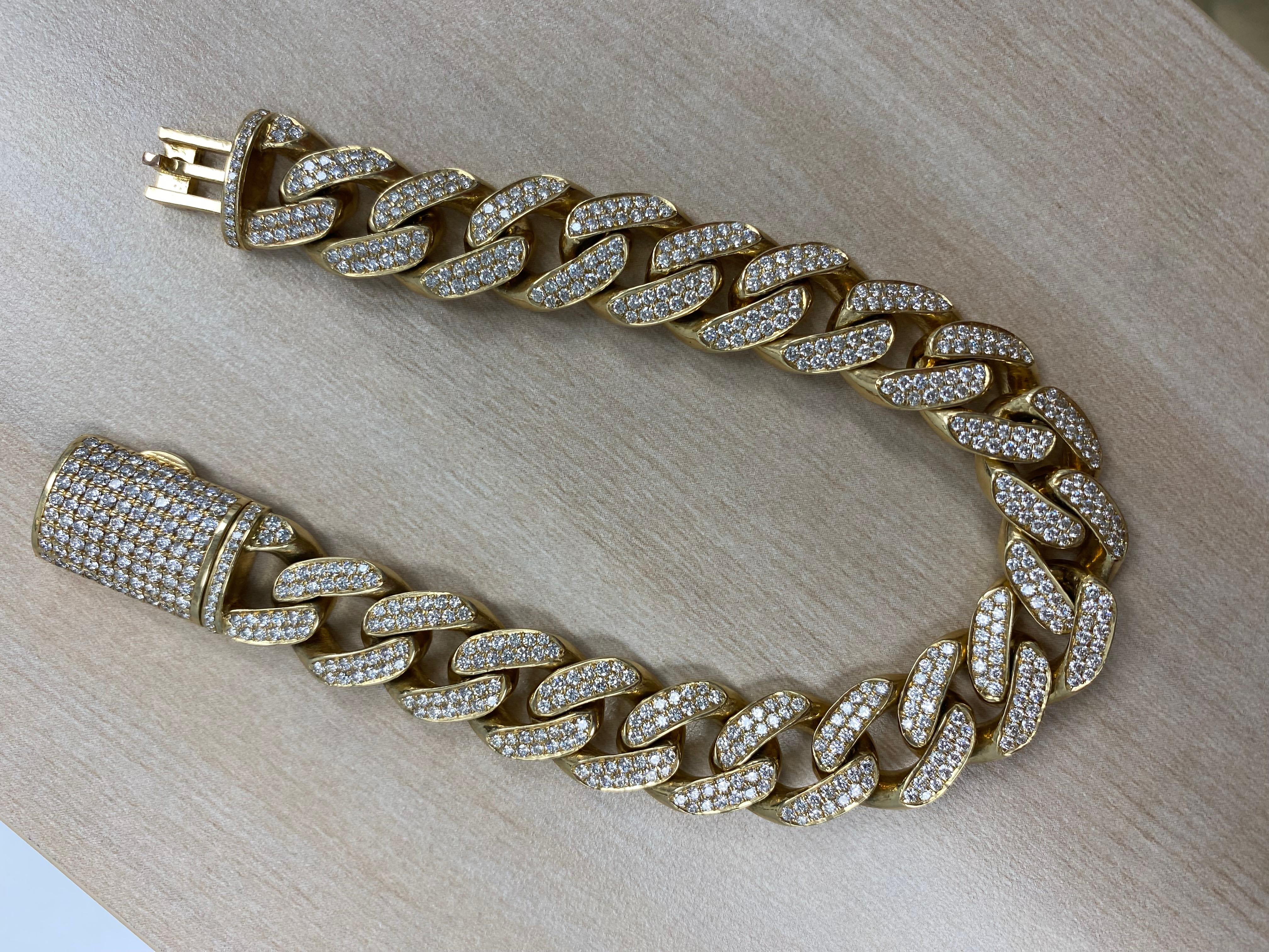 10.32 Carats Cuban Link Diamond Bracelet pour homme en or jaune 14k 89.3 grammes en vente 3