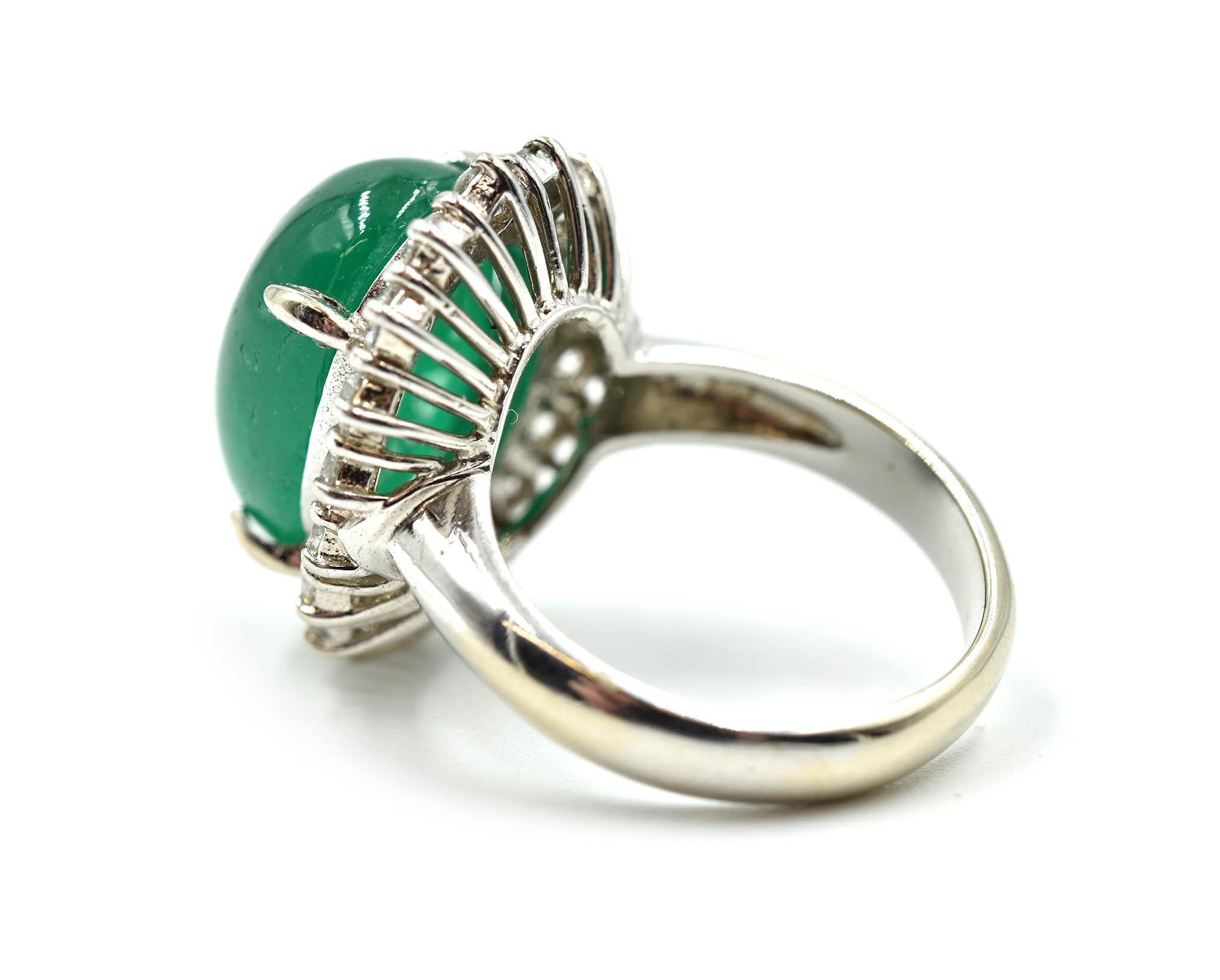 10.33 Carat Cabochon Cut Emerald Gemstone with Diamond Halo Ring In New Condition In Scottsdale, AZ