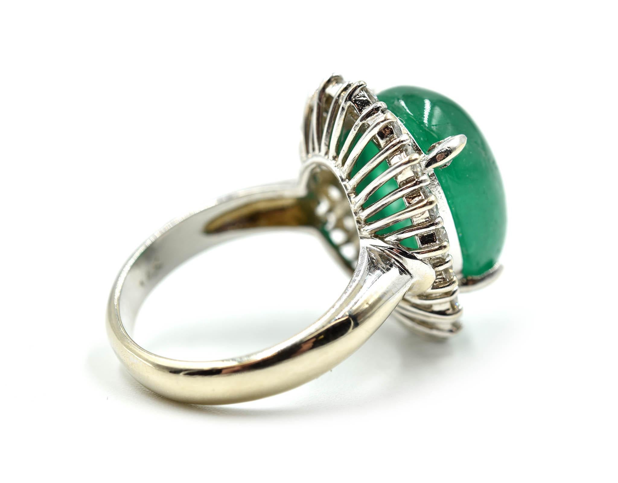 Women's 10.33 Carat Cabochon Cut Emerald Gemstone with Diamond Halo Ring