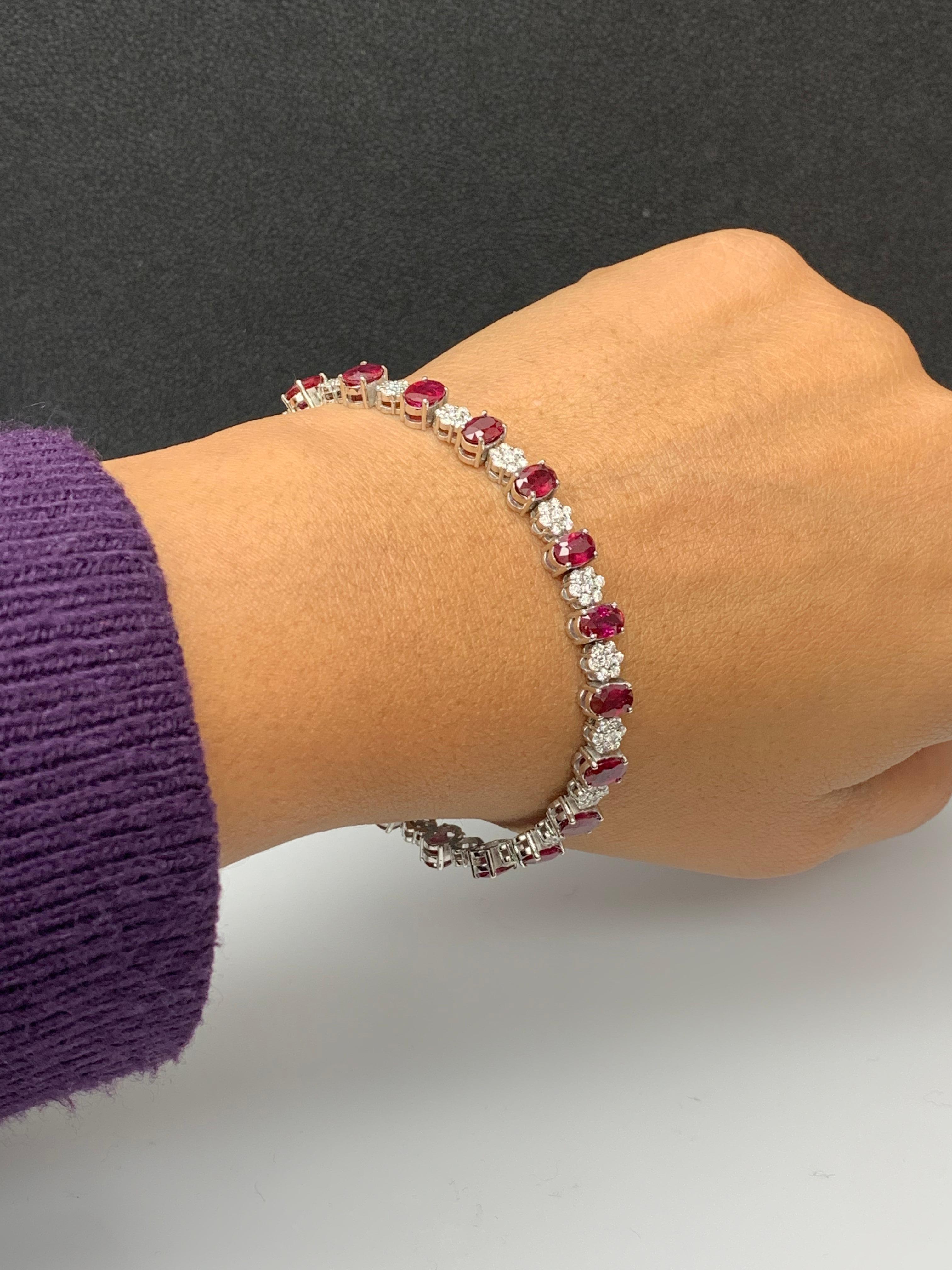 10.34 Carat Oval Cut Ruby and Diamond Tennis Bracelet in 14K White Gold For Sale 3
