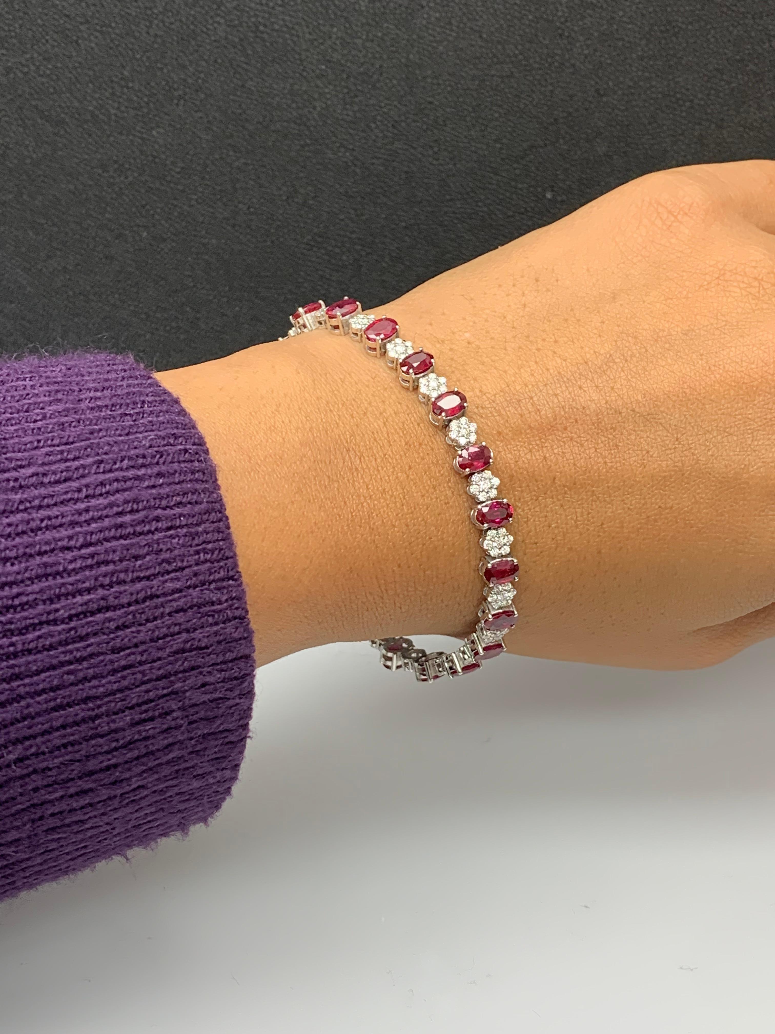 10.34 Carat Oval Cut Ruby and Diamond Tennis Bracelet in 14K White Gold For Sale 4