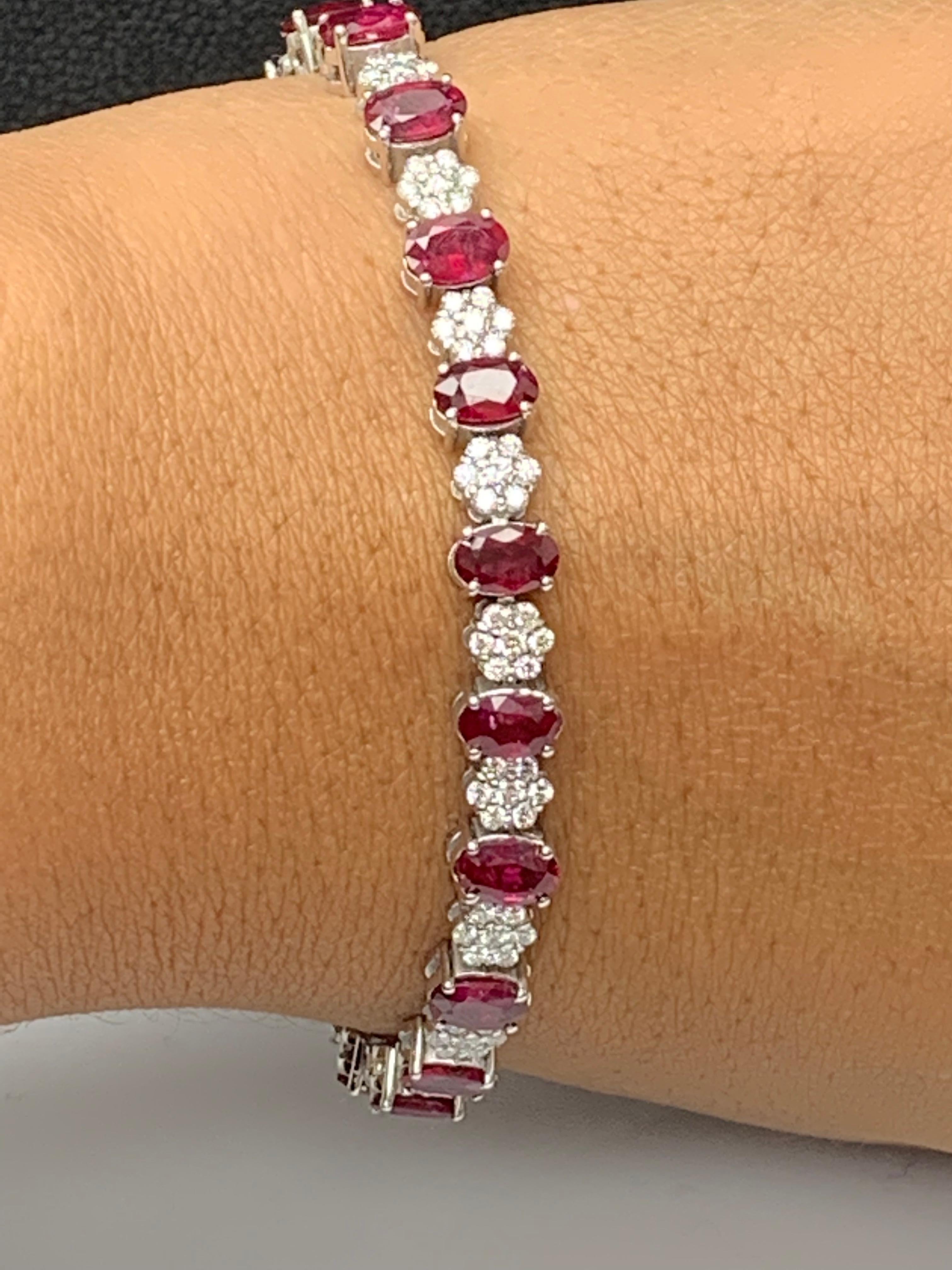 10.34 Carat Oval Cut Ruby and Diamond Tennis Bracelet in 14K White Gold For Sale 7