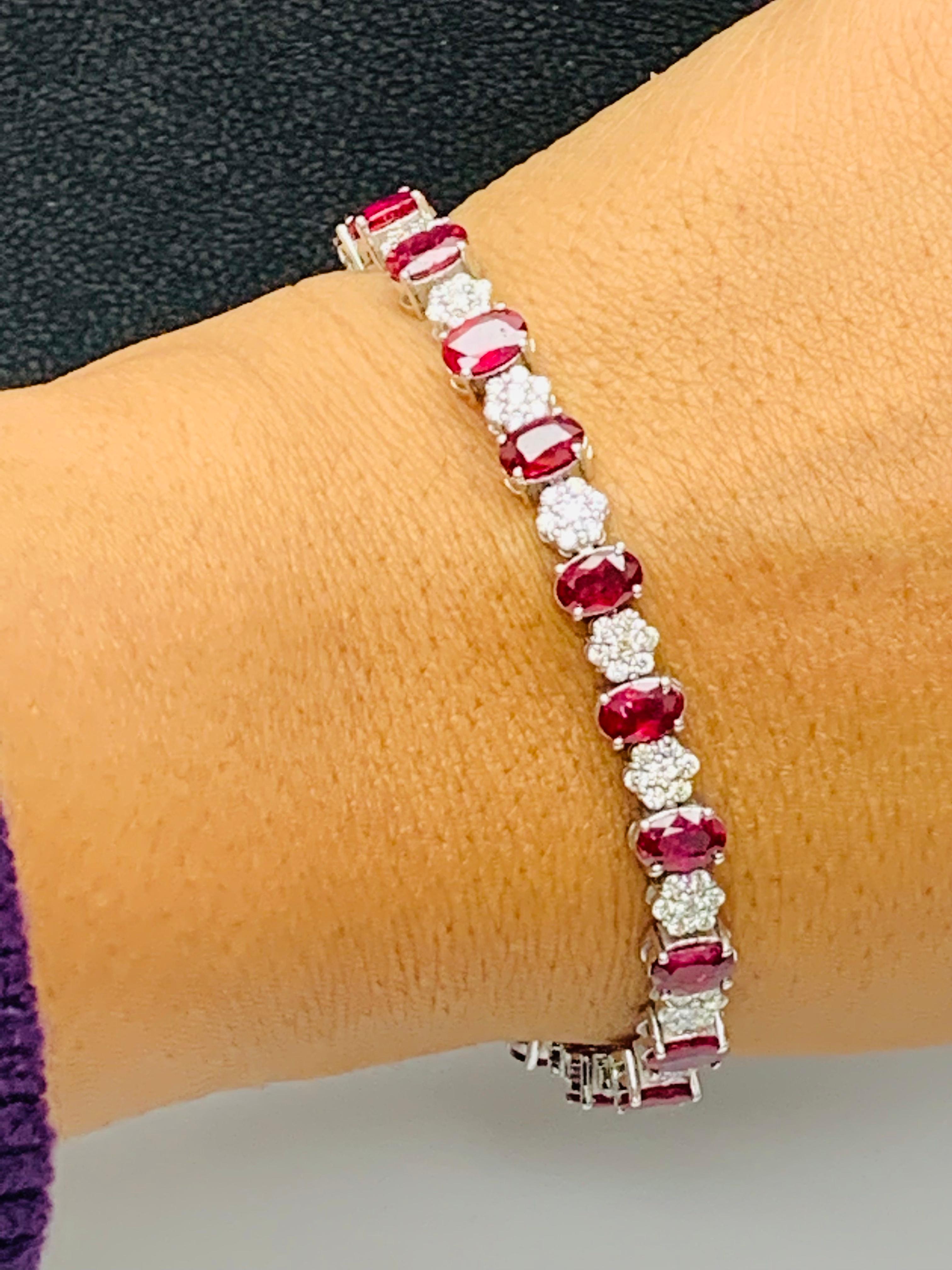 10.34 Carat Oval Cut Ruby and Diamond Tennis Bracelet in 14K White Gold For Sale 9