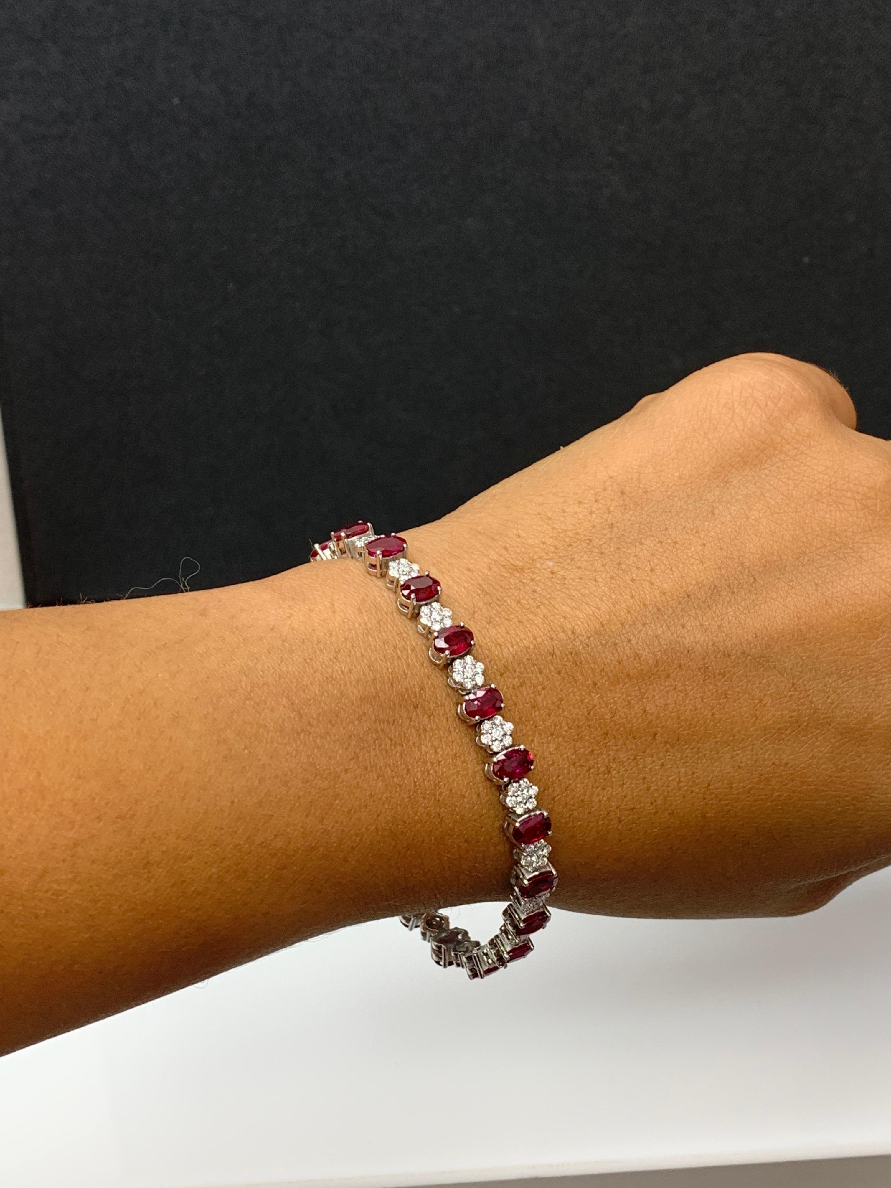 10.34 Carat Oval Cut Ruby and Diamond Tennis Bracelet in 14K White Gold For Sale 11