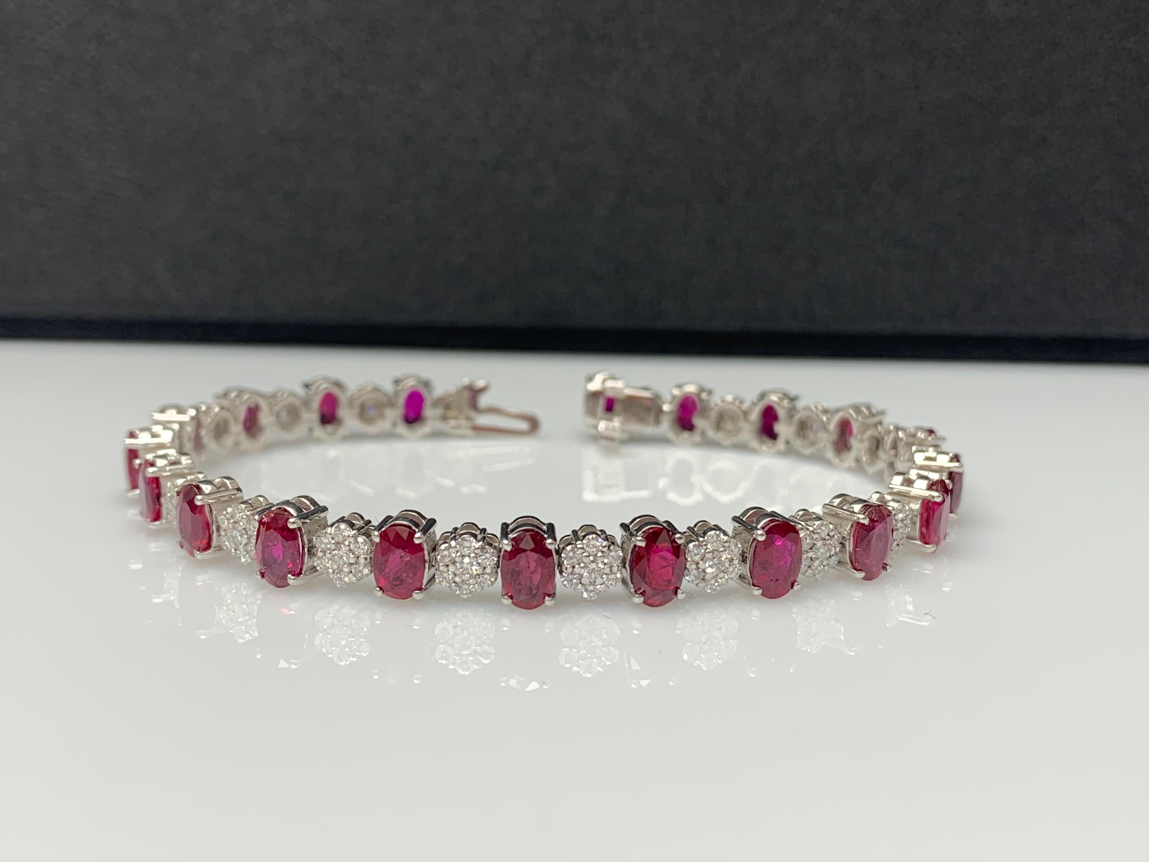 10.34 Carat Oval Cut Ruby and Diamond Tennis Bracelet in 14K White Gold For Sale 1
