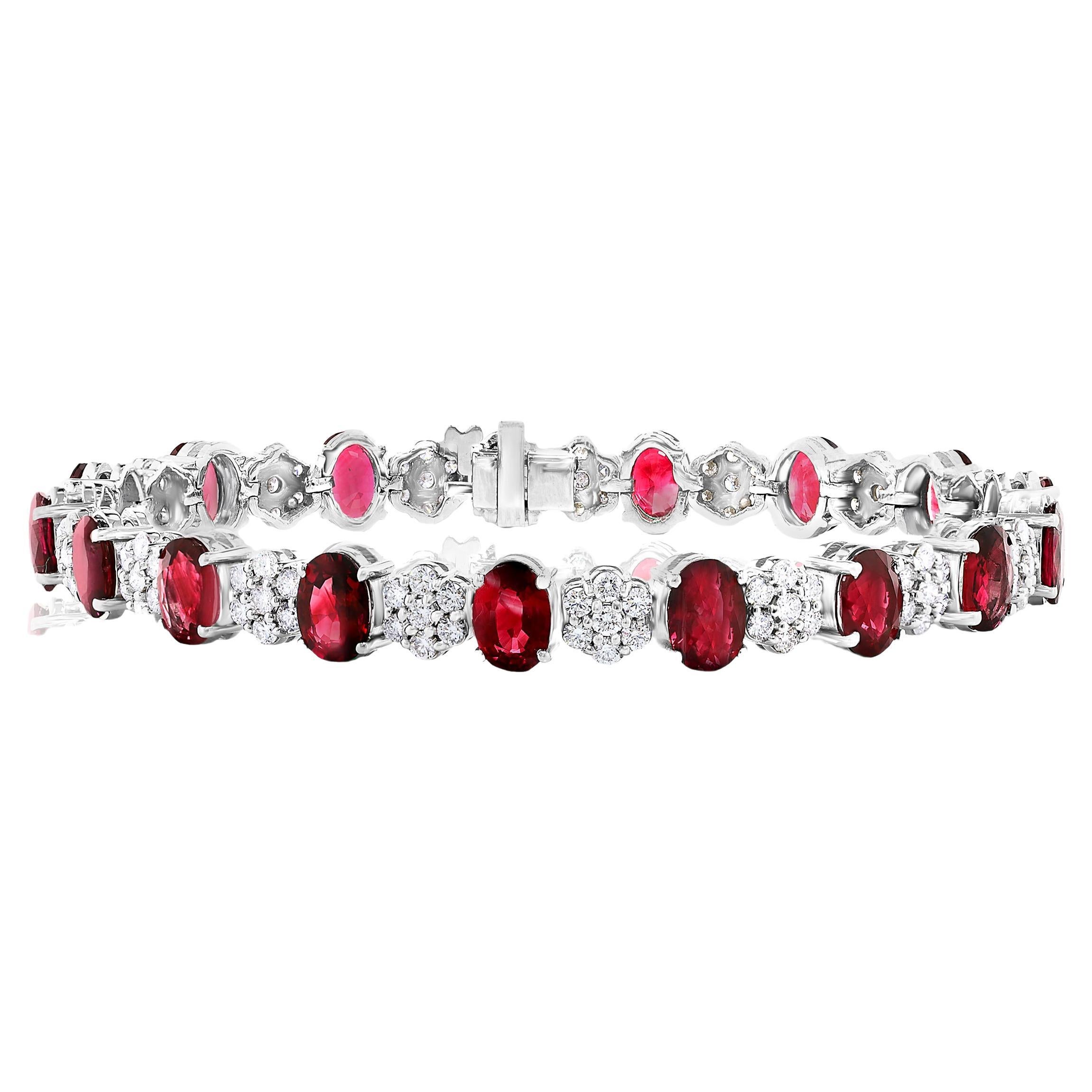 Bracelet tennis en or blanc 14 carats avec diamants et rubis de taille ovale de 10,34 carats