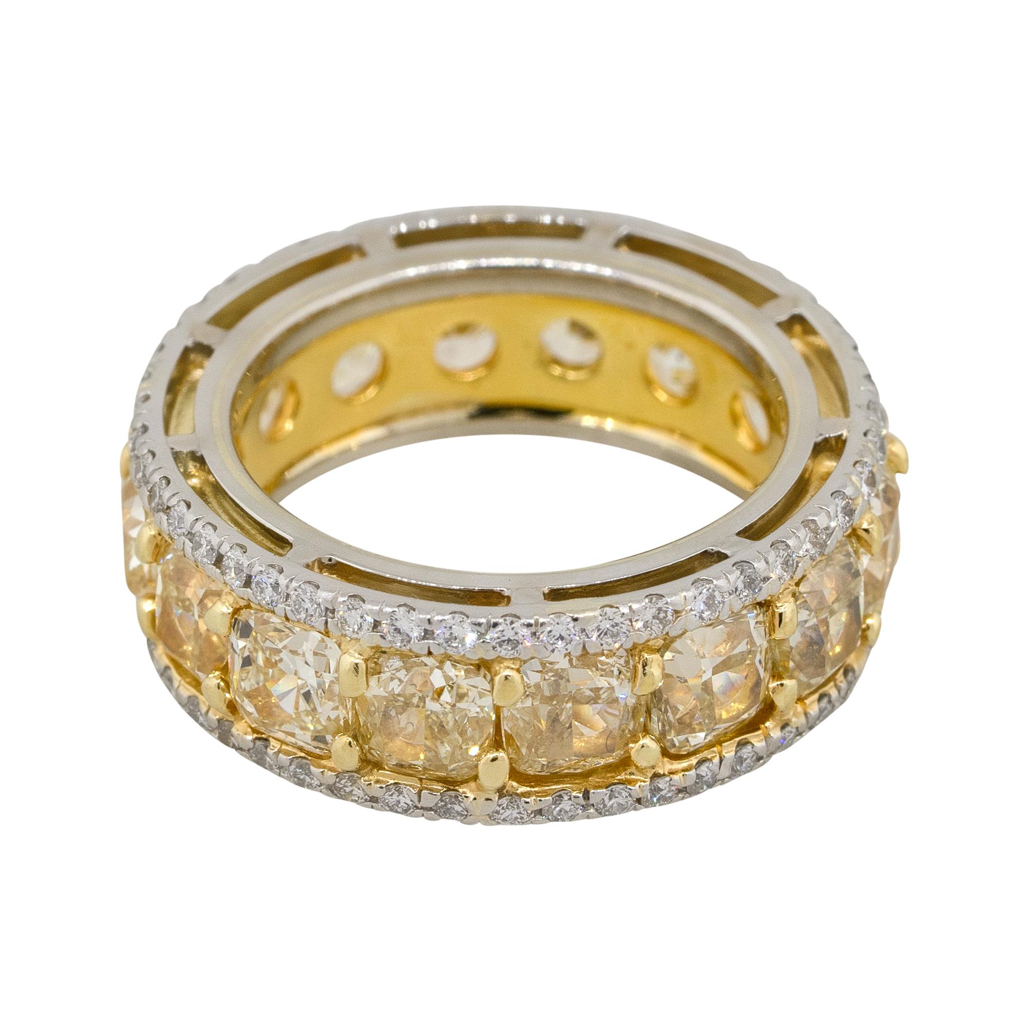 Material: Platinum & 18k yellow gold
Center Row Diamond Details: Approx. 7.86ctw of radiant cut Diamonds. Diamonds are Fancy Yellow in color and VS in clarity
Adjacent Diamond Details: Approx. 2.48ctw of round brilliant Diamonds. Diamonds are G/H in