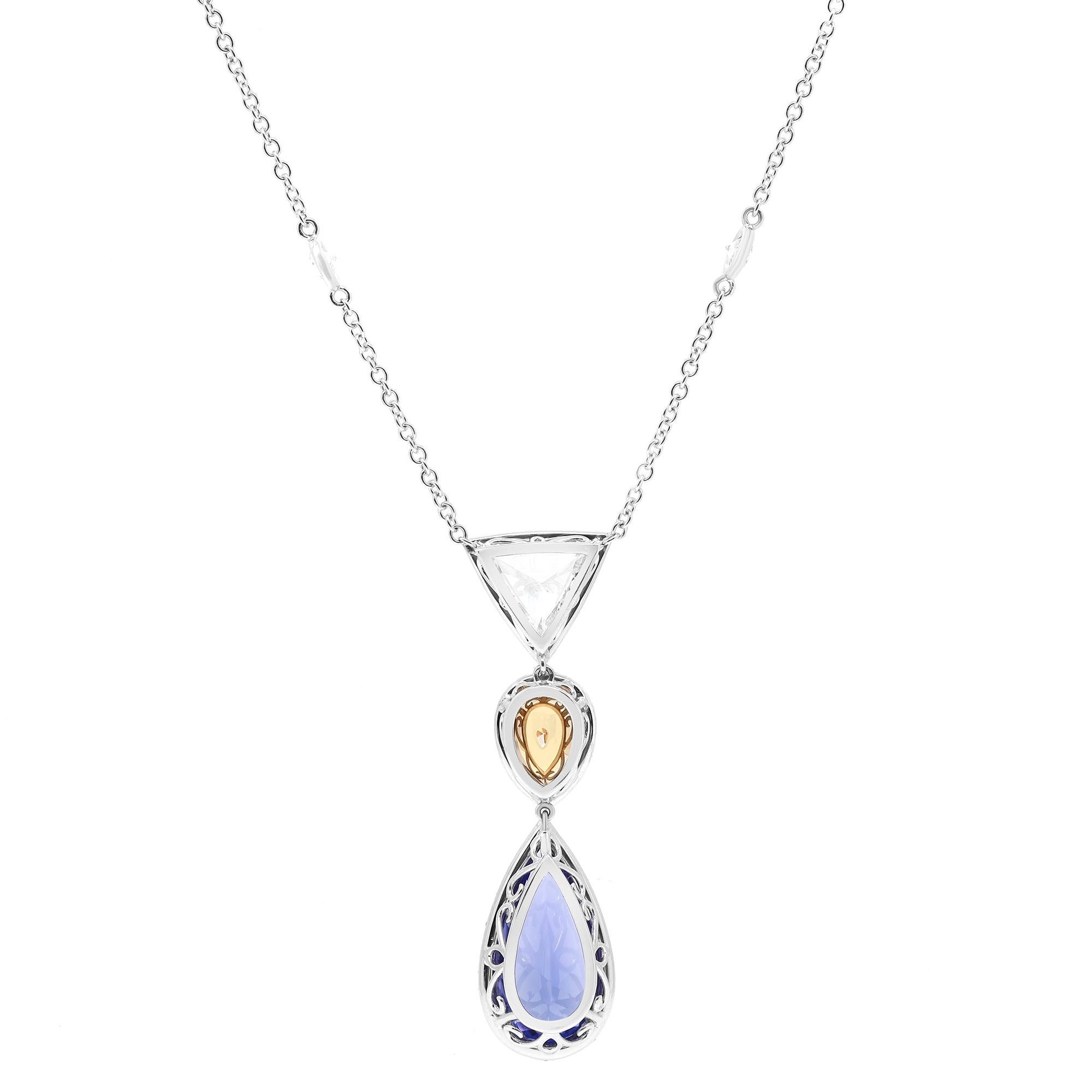 Modern 10.34Cttw Tanzanite & 3.84Cttw Diamond Drop Pendant Necklace 18K White Gold For Sale