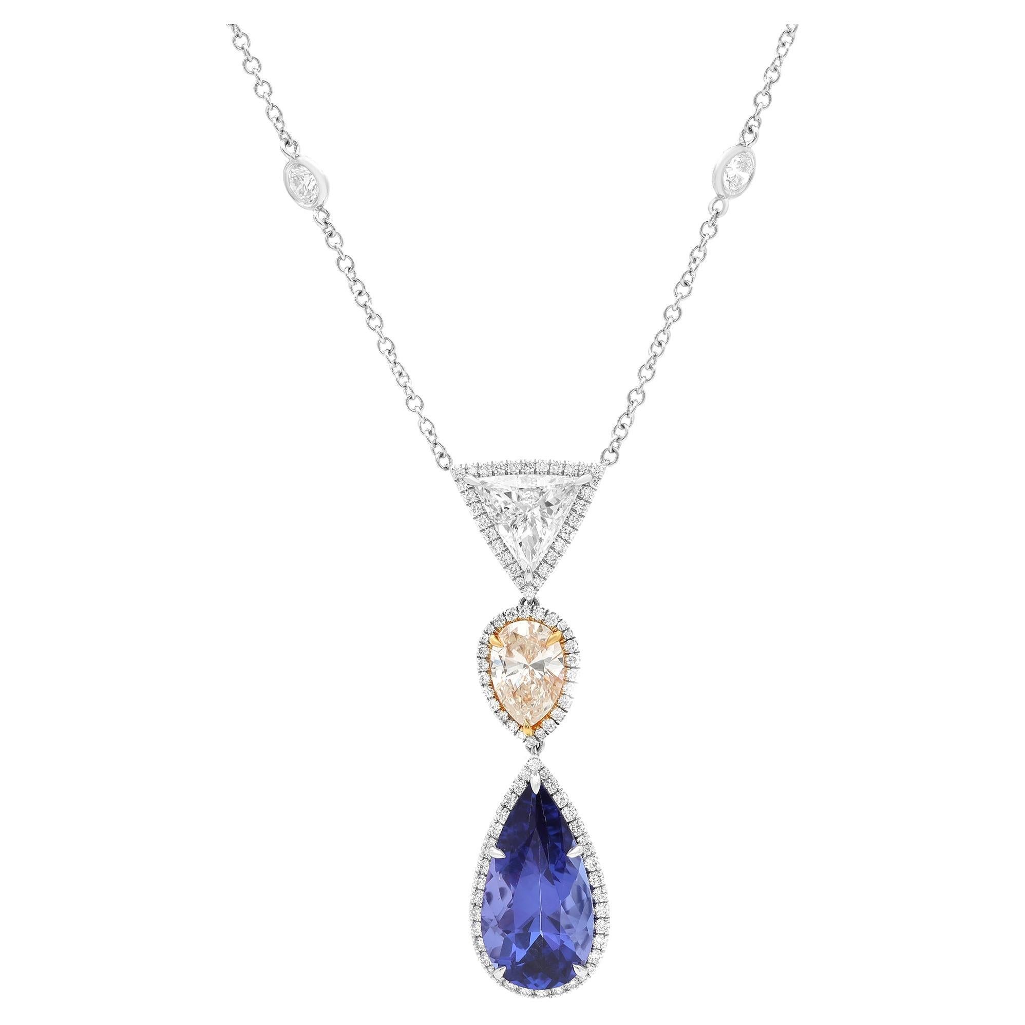 10.34Cttw Tanzanite & 3.84Cttw Diamond Drop Pendant Necklace 18K White Gold For Sale